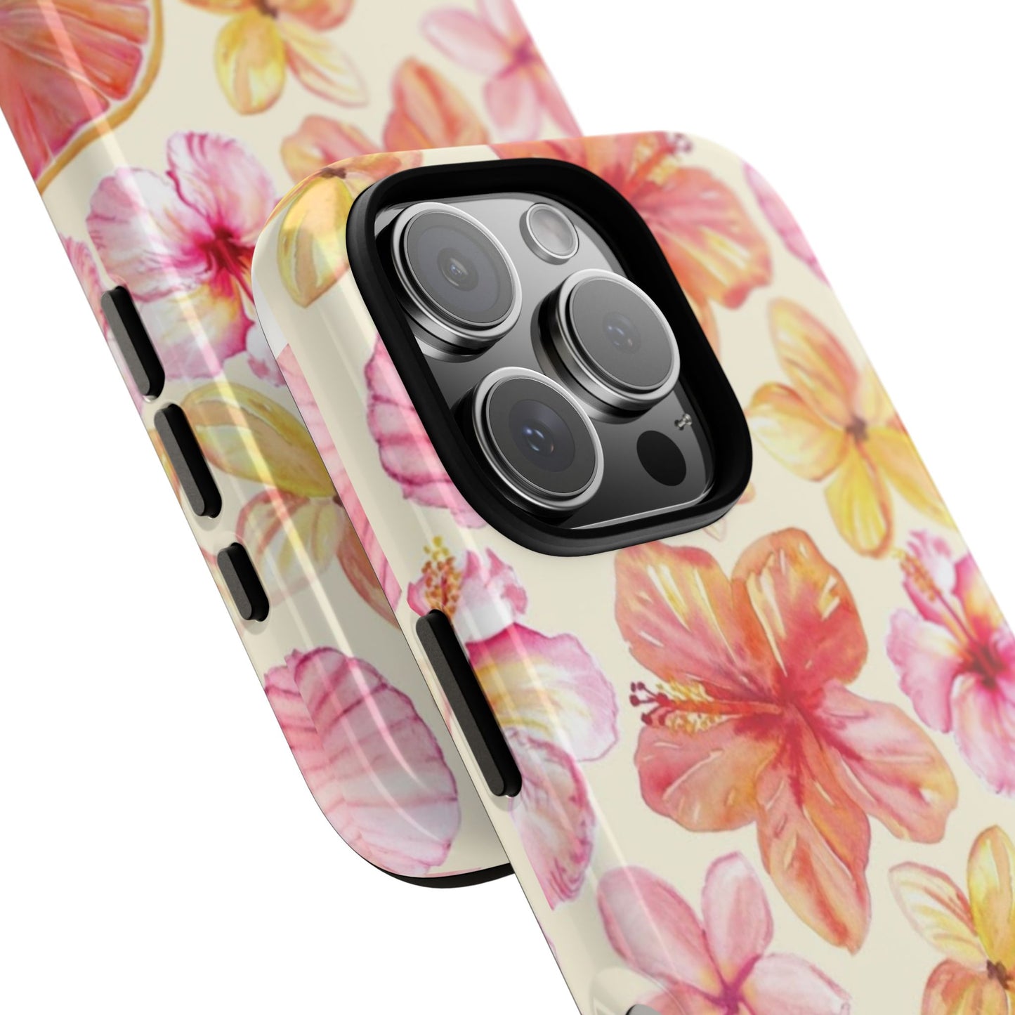 Tropical Hibiscus Tough Phone Case – Watercolor Floral & Citrus Protective Cover
