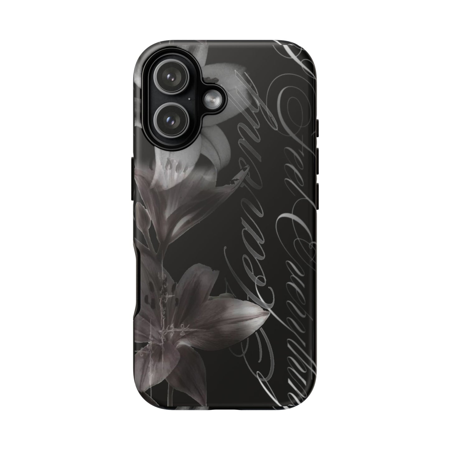 Floral Script Tough Phone Case – Black Lily Protective Cover