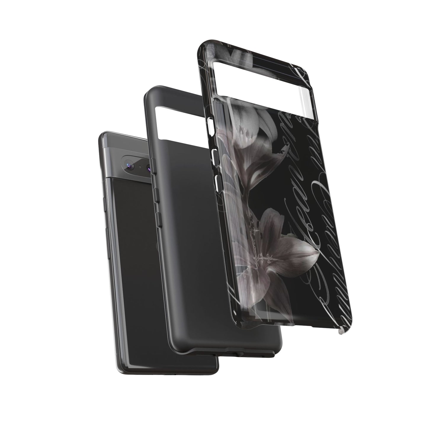 Floral Script Tough Phone Case – Black Lily Protective Cover