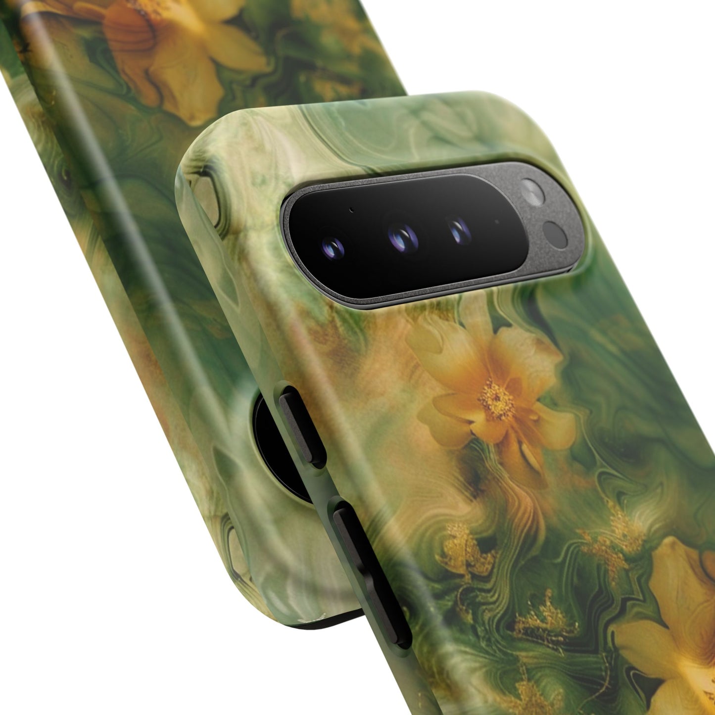Floral Swirl Phone Case — Green & Gold Vintage Flower Design