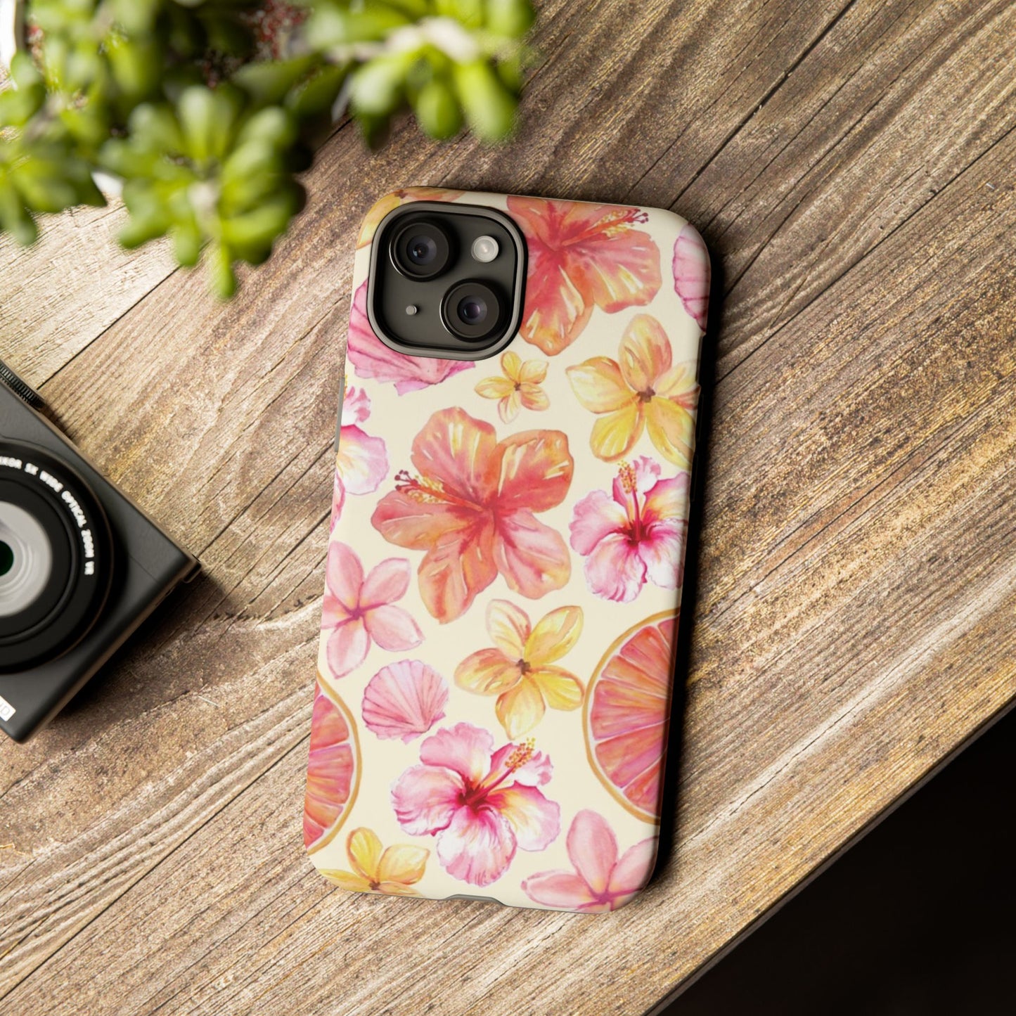 Tropical Hibiscus Tough Phone Case – Watercolor Floral & Citrus Protective Cover