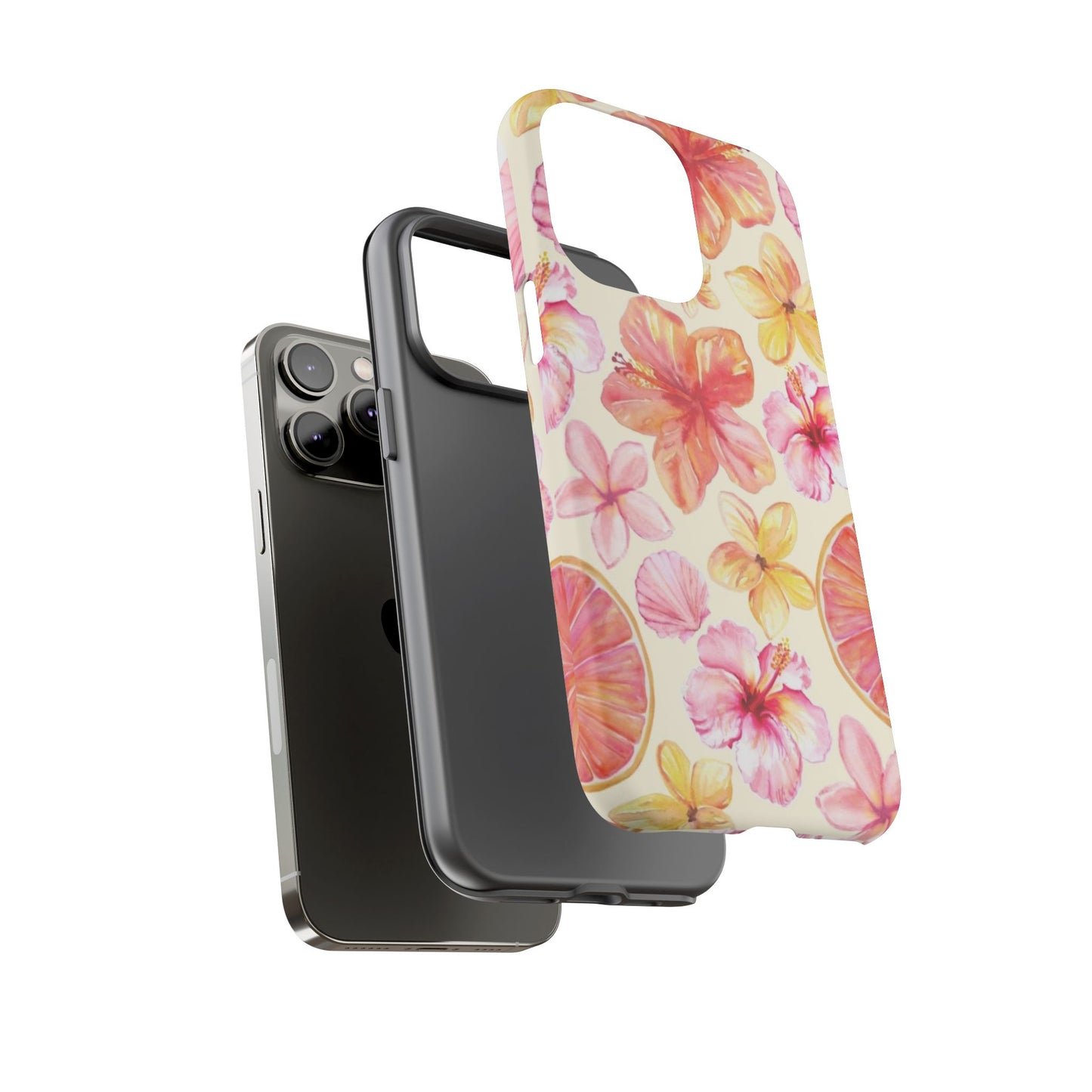 Tropical Hibiscus Tough Phone Case – Watercolor Floral & Citrus Protective Cover