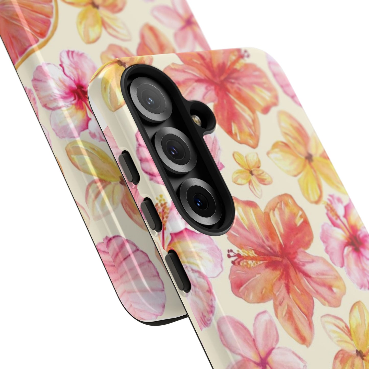 Tropical Hibiscus Tough Phone Case – Watercolor Floral & Citrus Protective Cover