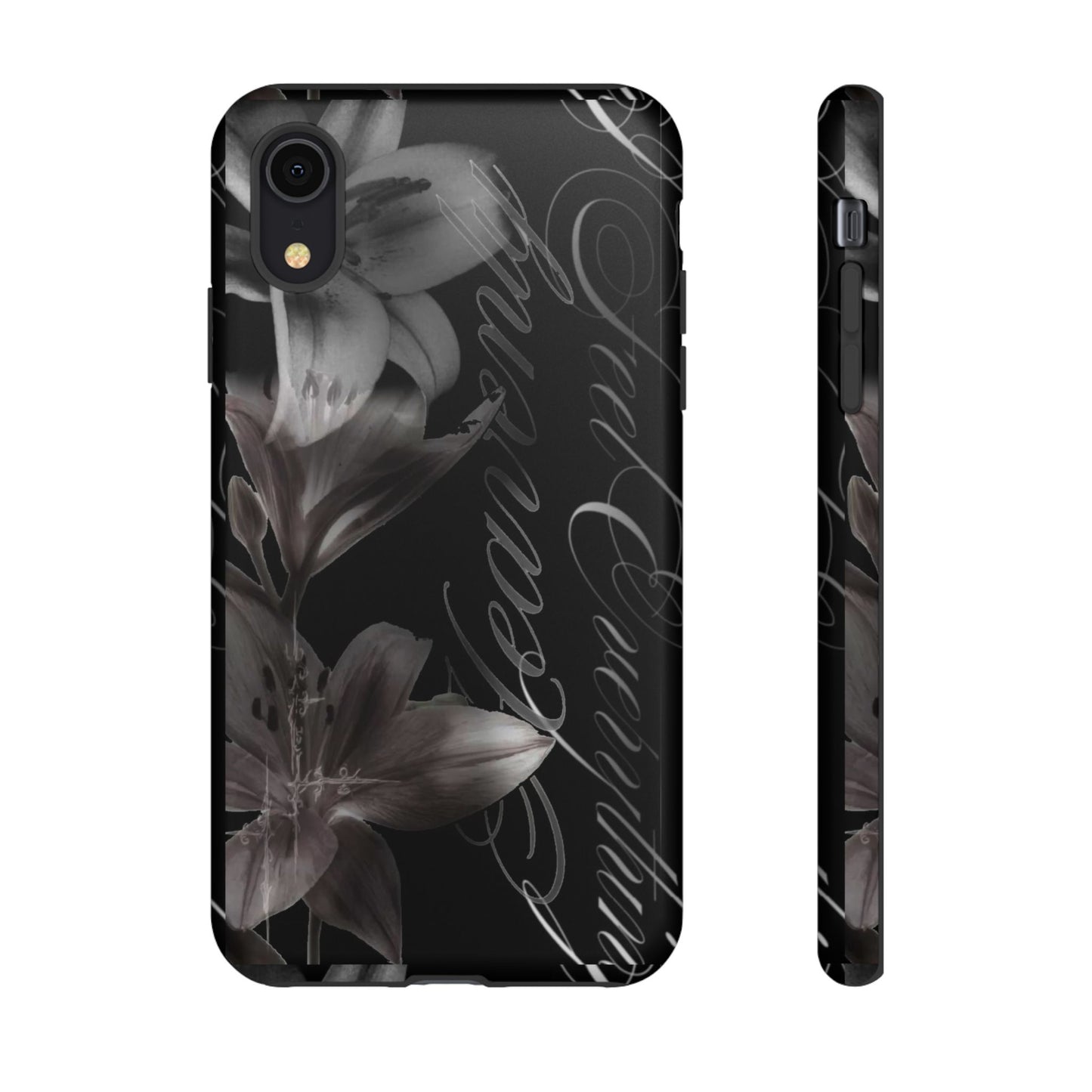 Floral Script Tough Phone Case – Black Lily Protective Cover