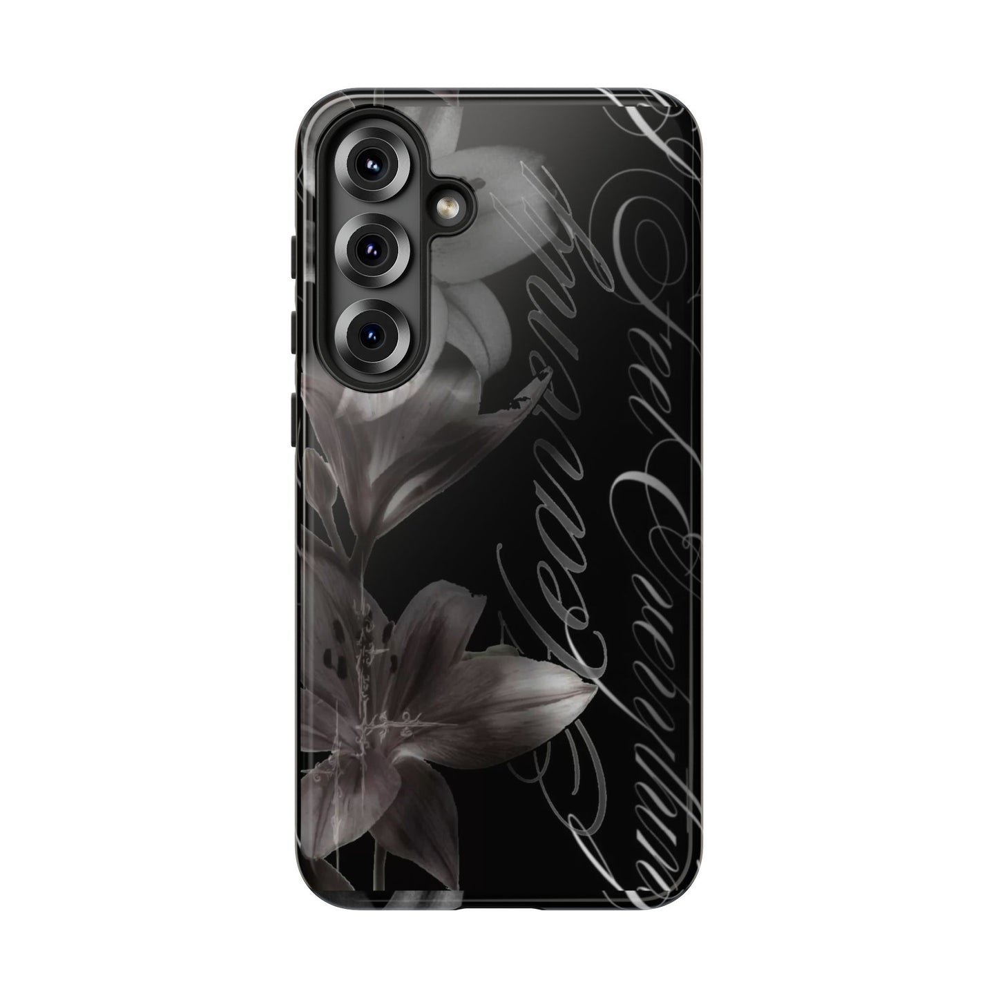 Floral Script Tough Phone Case – Black Lily Protective Cover