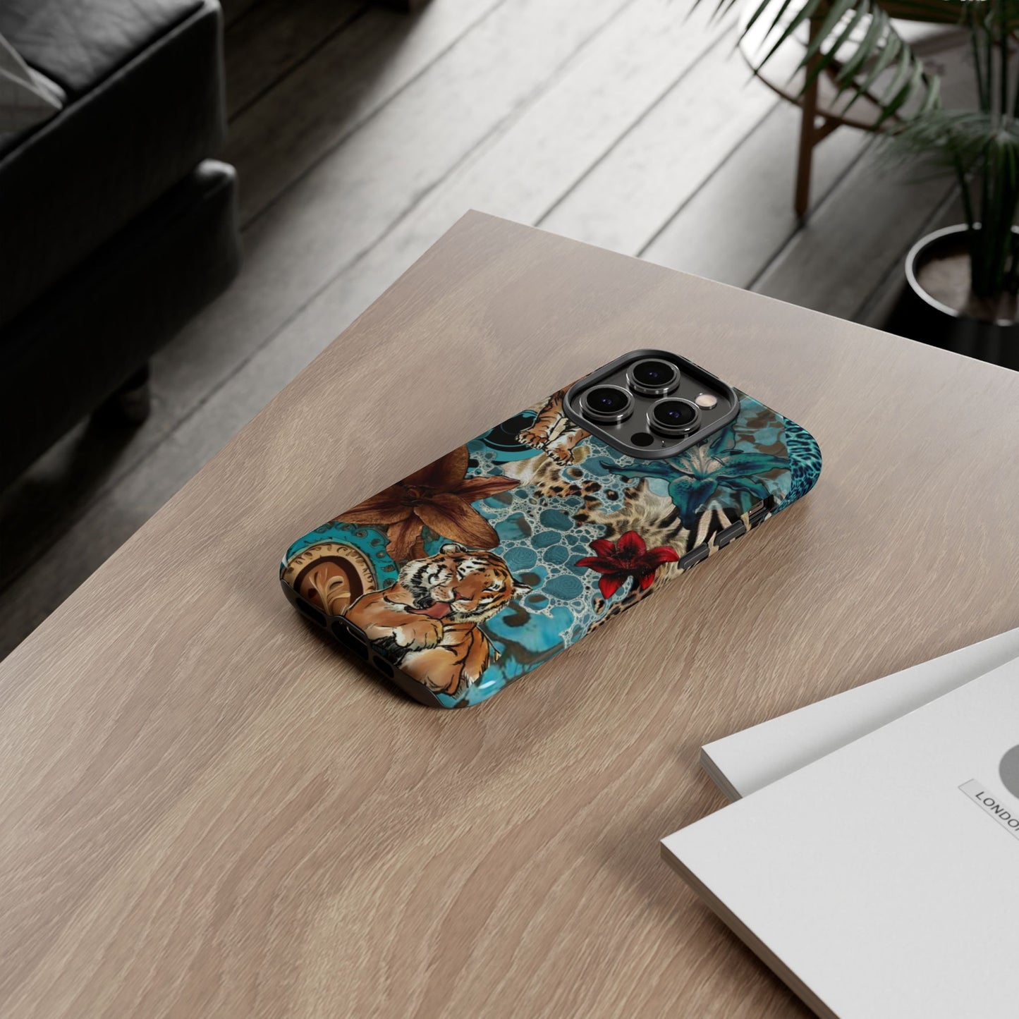 Floral Tiger Phone Case - Teal Safari Protective Cover
