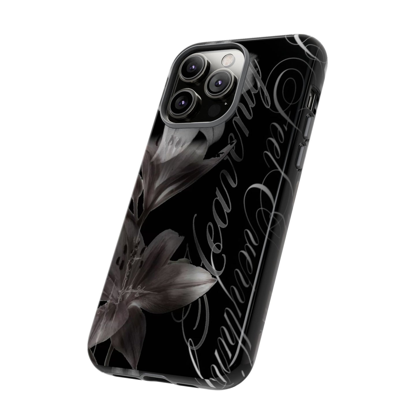 Floral Script Tough Phone Case – Black Lily Protective Cover