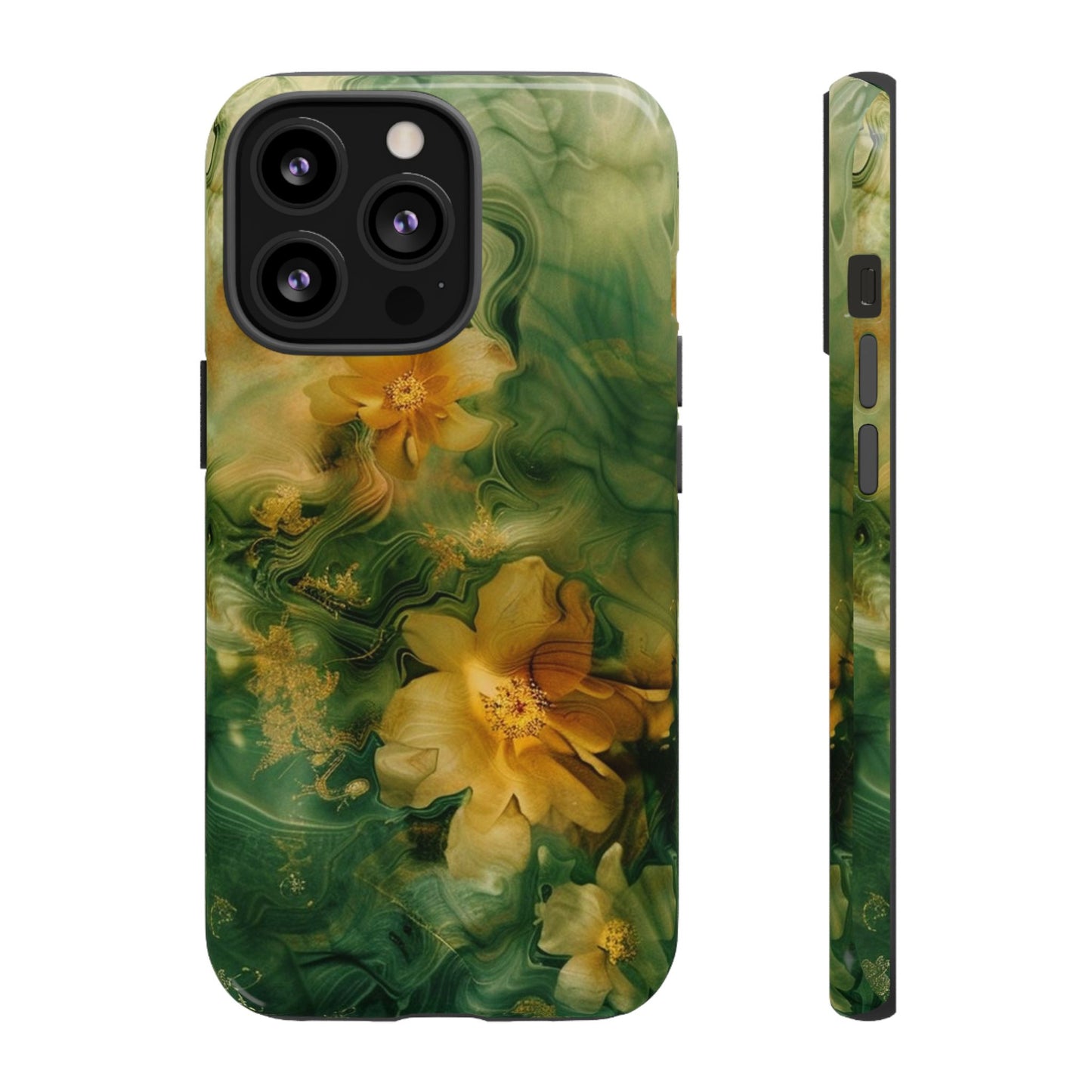 Floral Swirl Phone Case — Green & Gold Vintage Flower Design