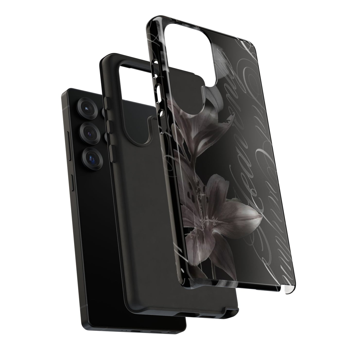 Floral Script Tough Phone Case – Black Lily Protective Cover