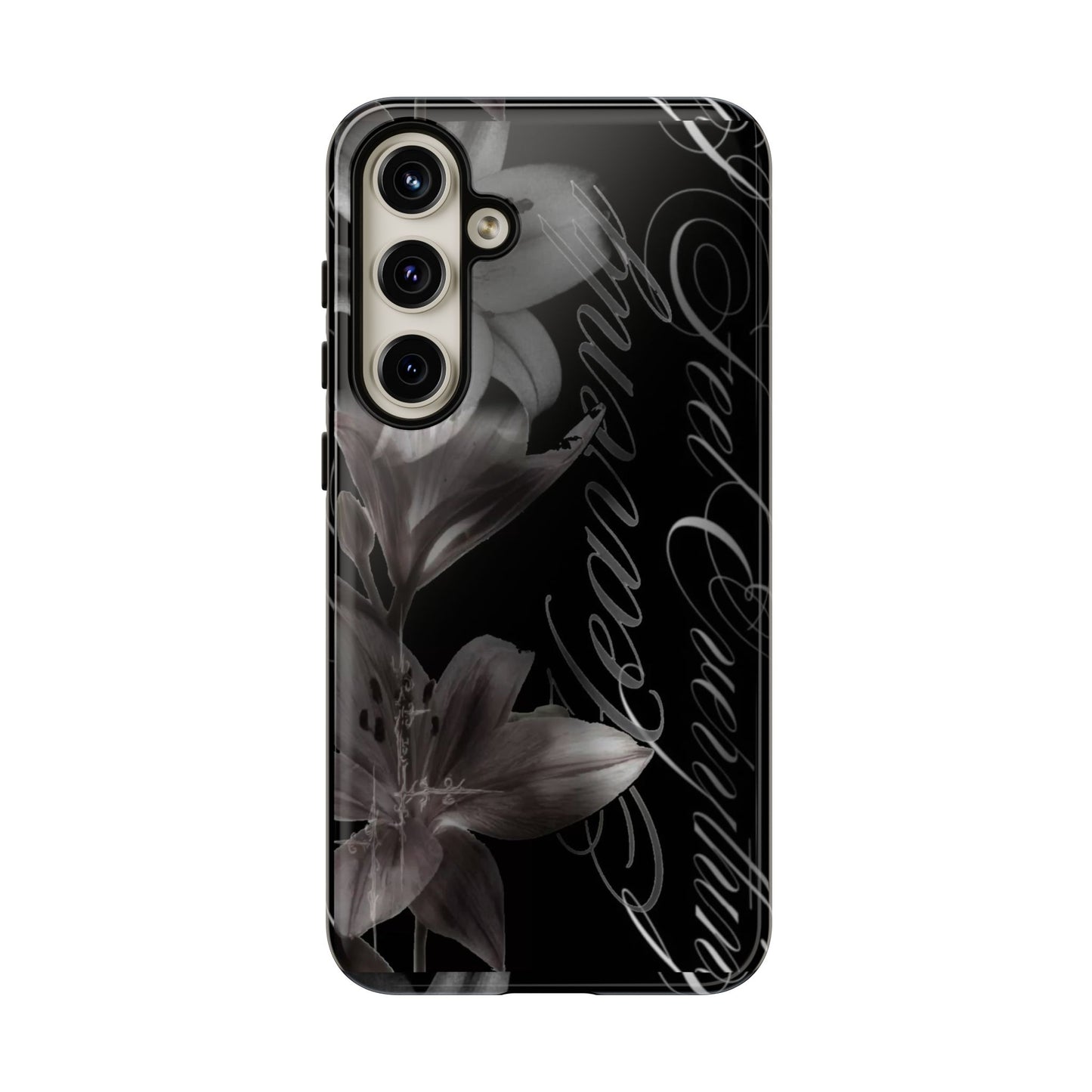 Floral Script Tough Phone Case – Black Lily Protective Cover