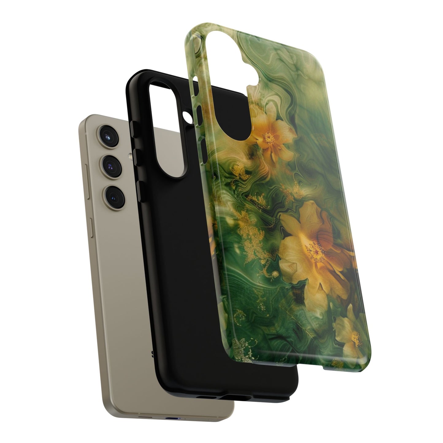 Floral Swirl Phone Case — Green & Gold Vintage Flower Design