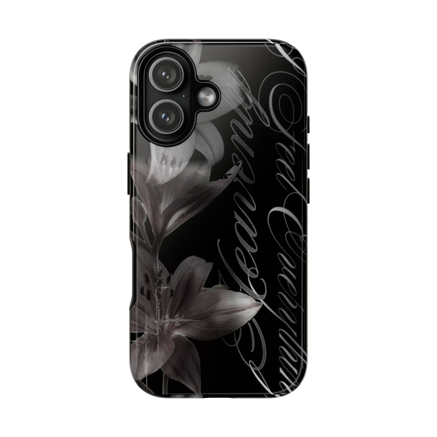 Floral Script Tough Phone Case – Black Lily Protective Cover