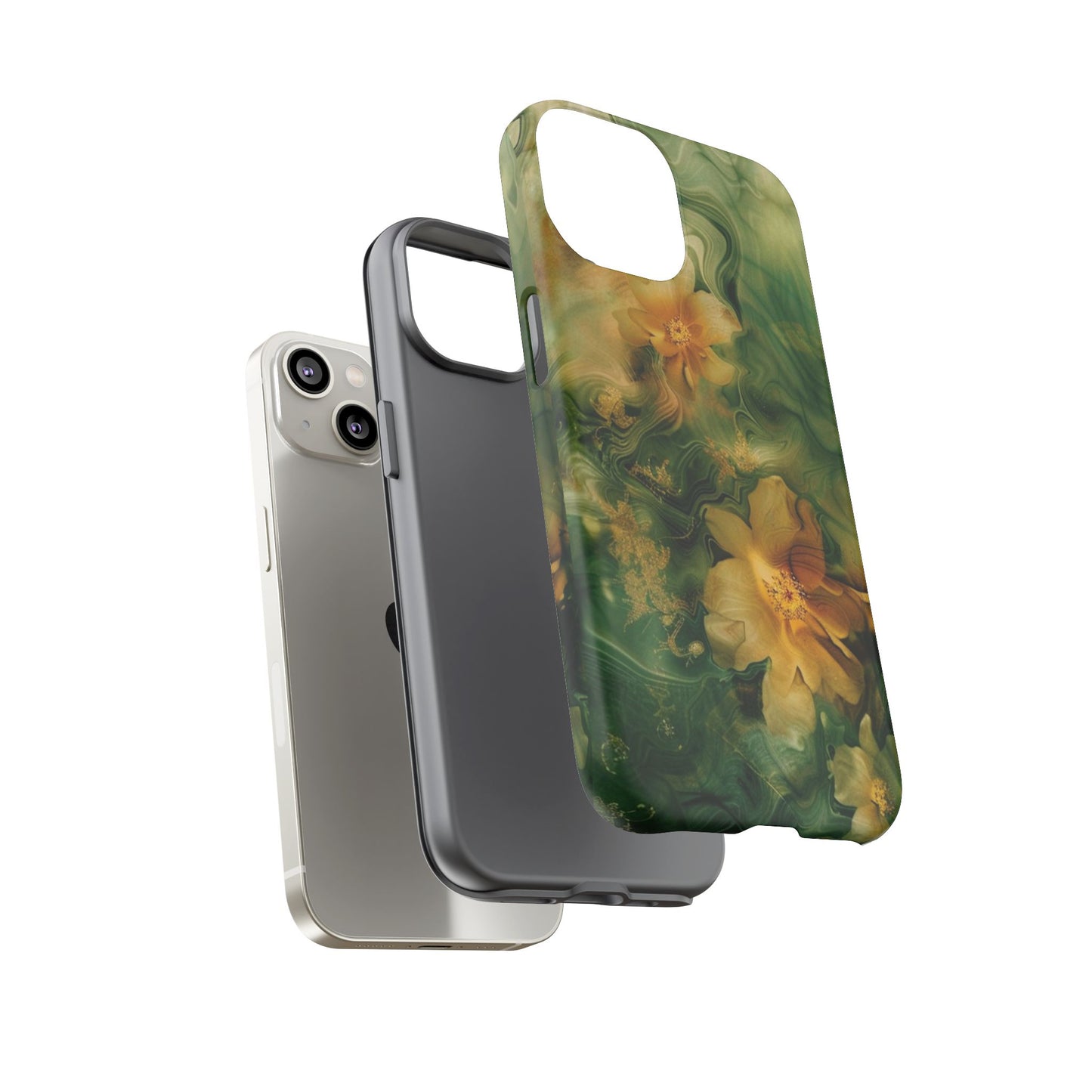 Floral Swirl Phone Case — Green & Gold Vintage Flower Design