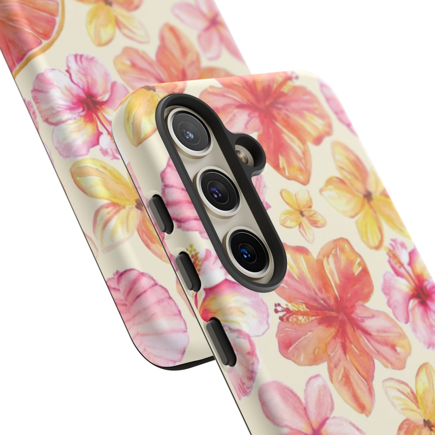 Tropical Hibiscus Tough Phone Case – Watercolor Floral & Citrus Protective Cover