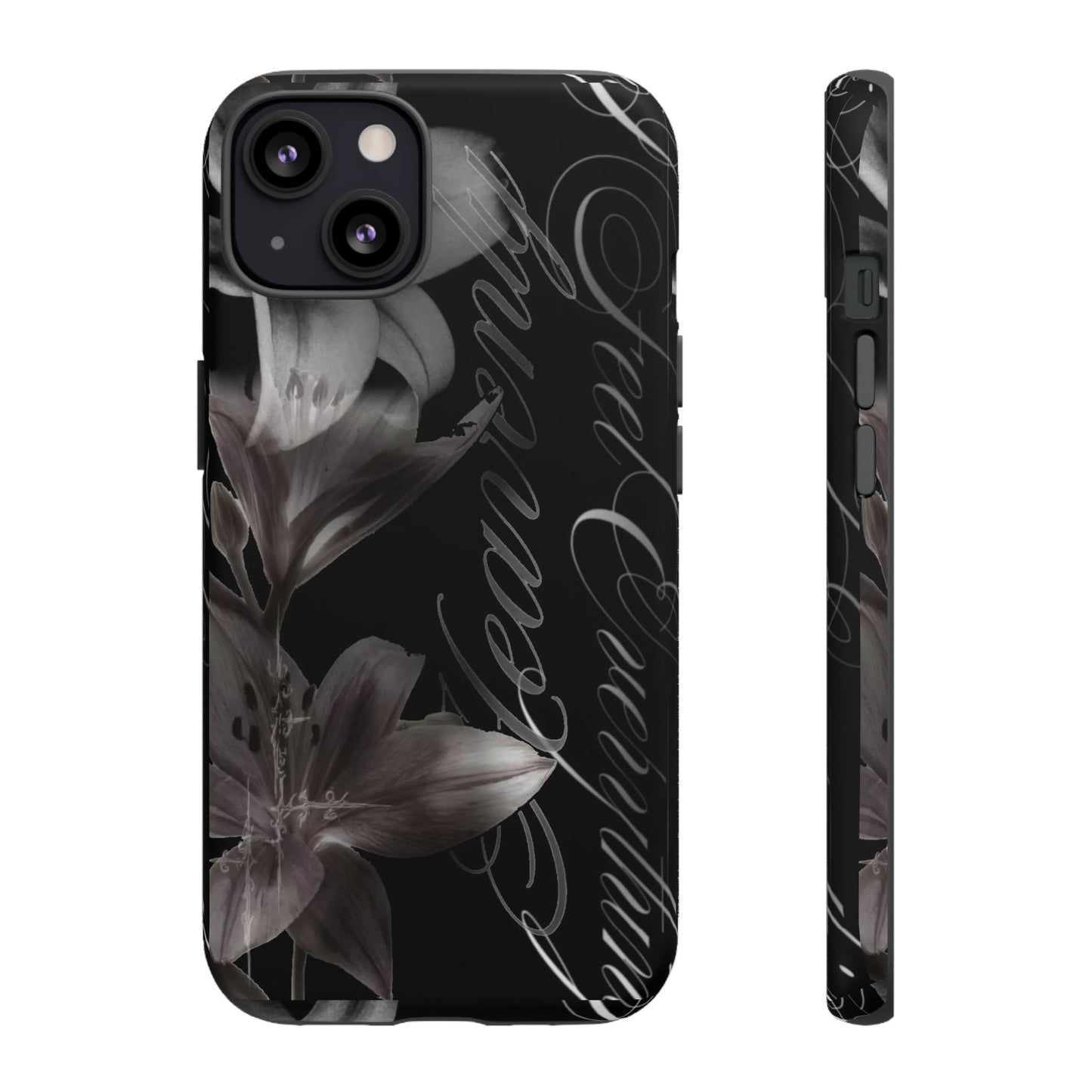 Floral Script Tough Phone Case – Black Lily Protective Cover