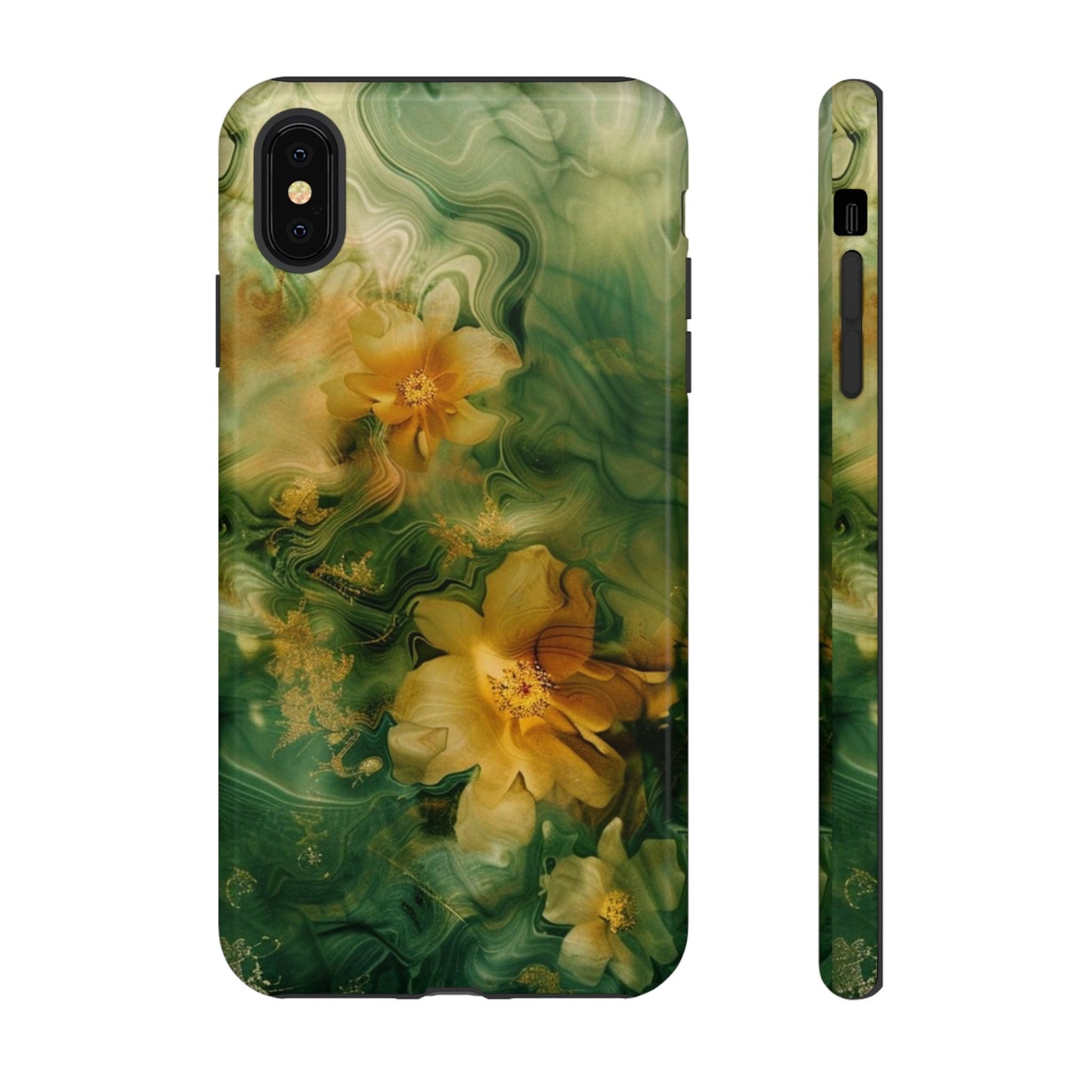 Floral Swirl Phone Case — Green & Gold Vintage Flower Design