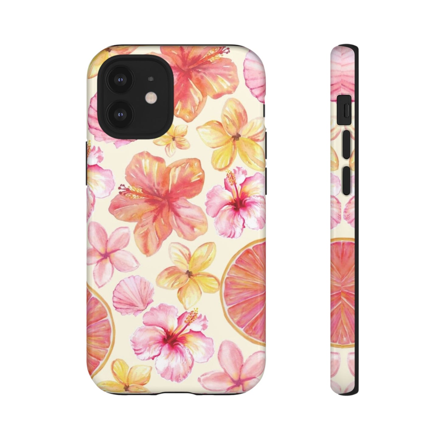 Tropical Hibiscus Tough Phone Case – Watercolor Floral & Citrus Protective Cover