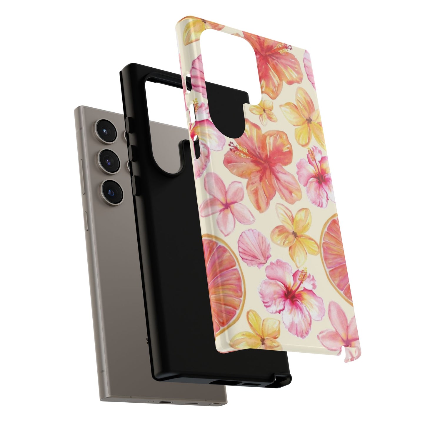 Tropical Hibiscus Tough Phone Case – Watercolor Floral & Citrus Protective Cover