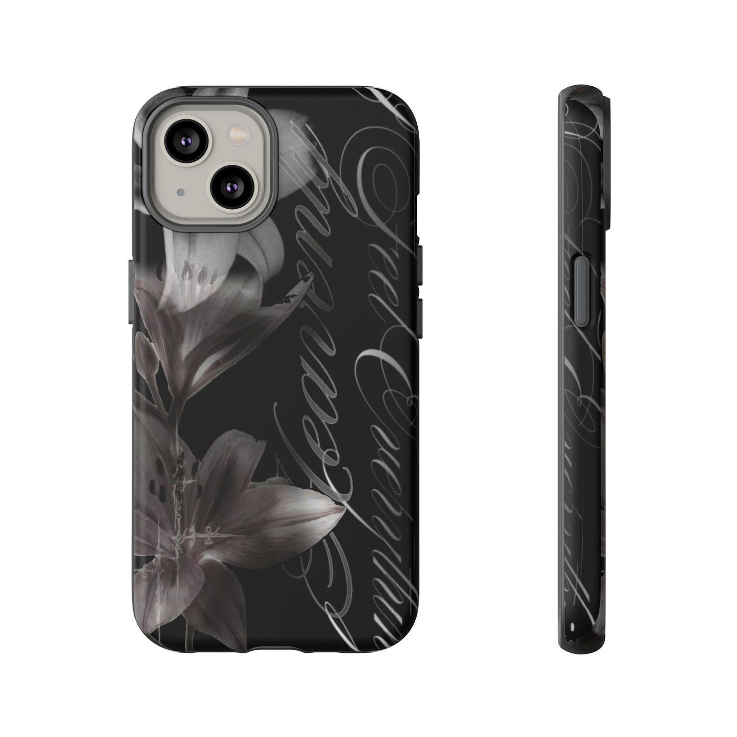 Floral Script Tough Phone Case – Black Lily Protective Cover