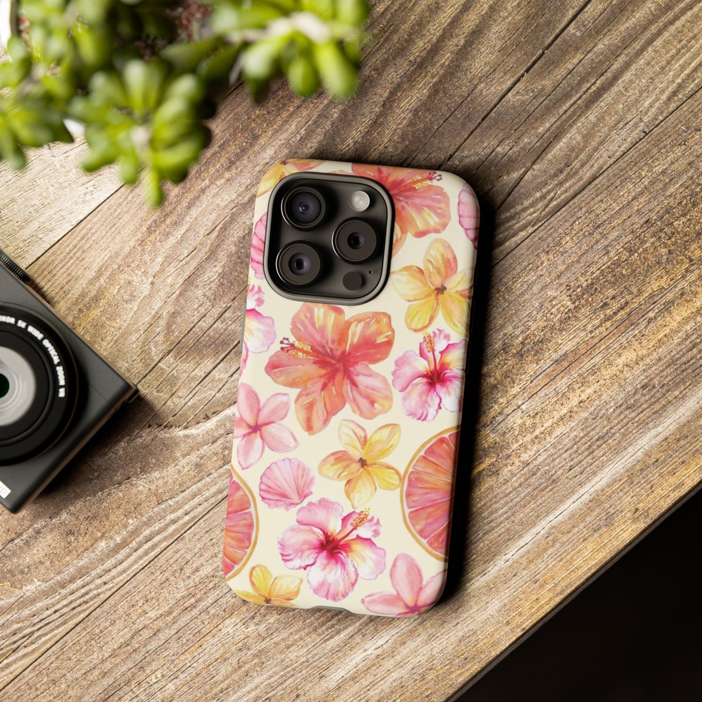 Tropical Hibiscus Tough Phone Case – Watercolor Floral & Citrus Protective Cover
