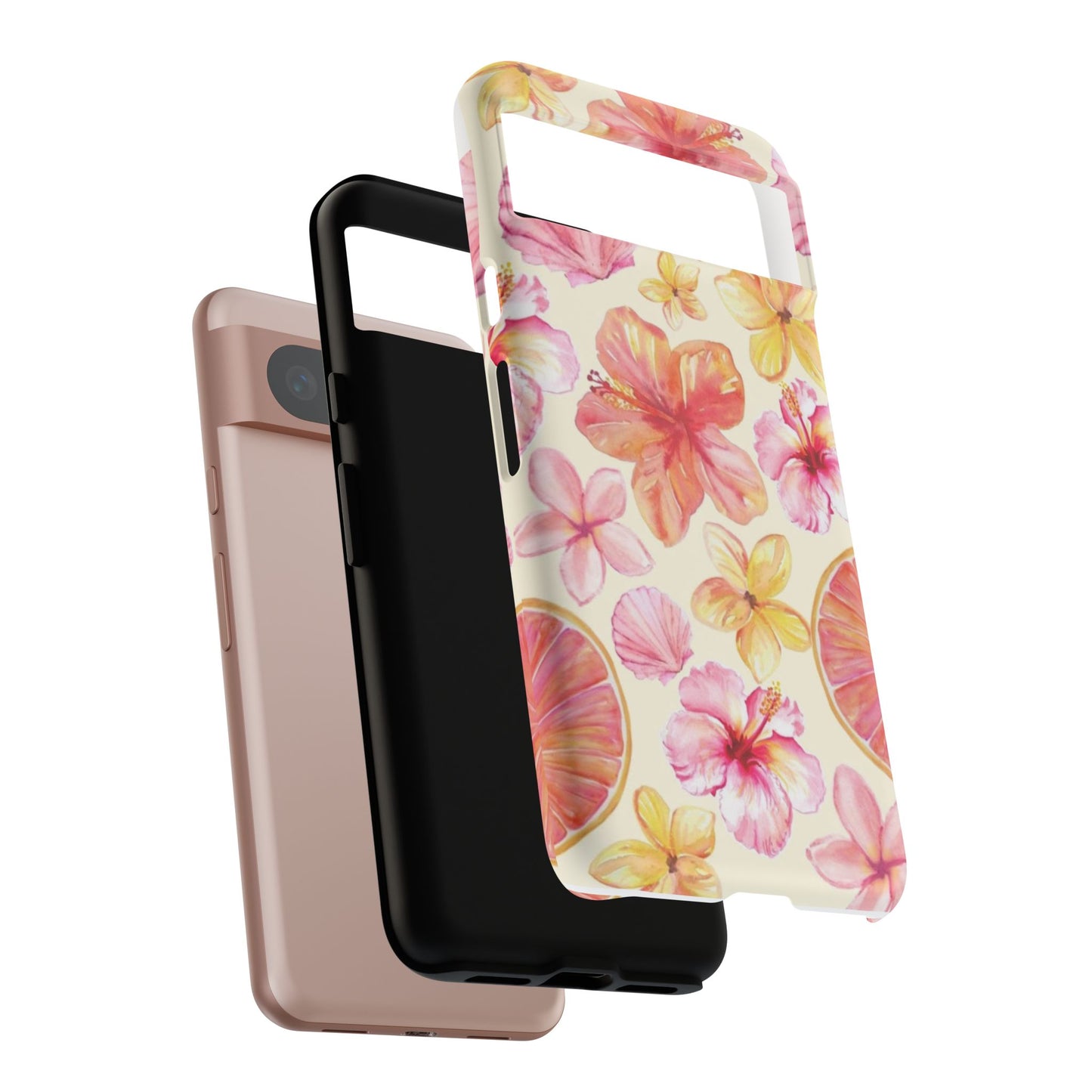 Tropical Hibiscus Tough Phone Case – Watercolor Floral & Citrus Protective Cover