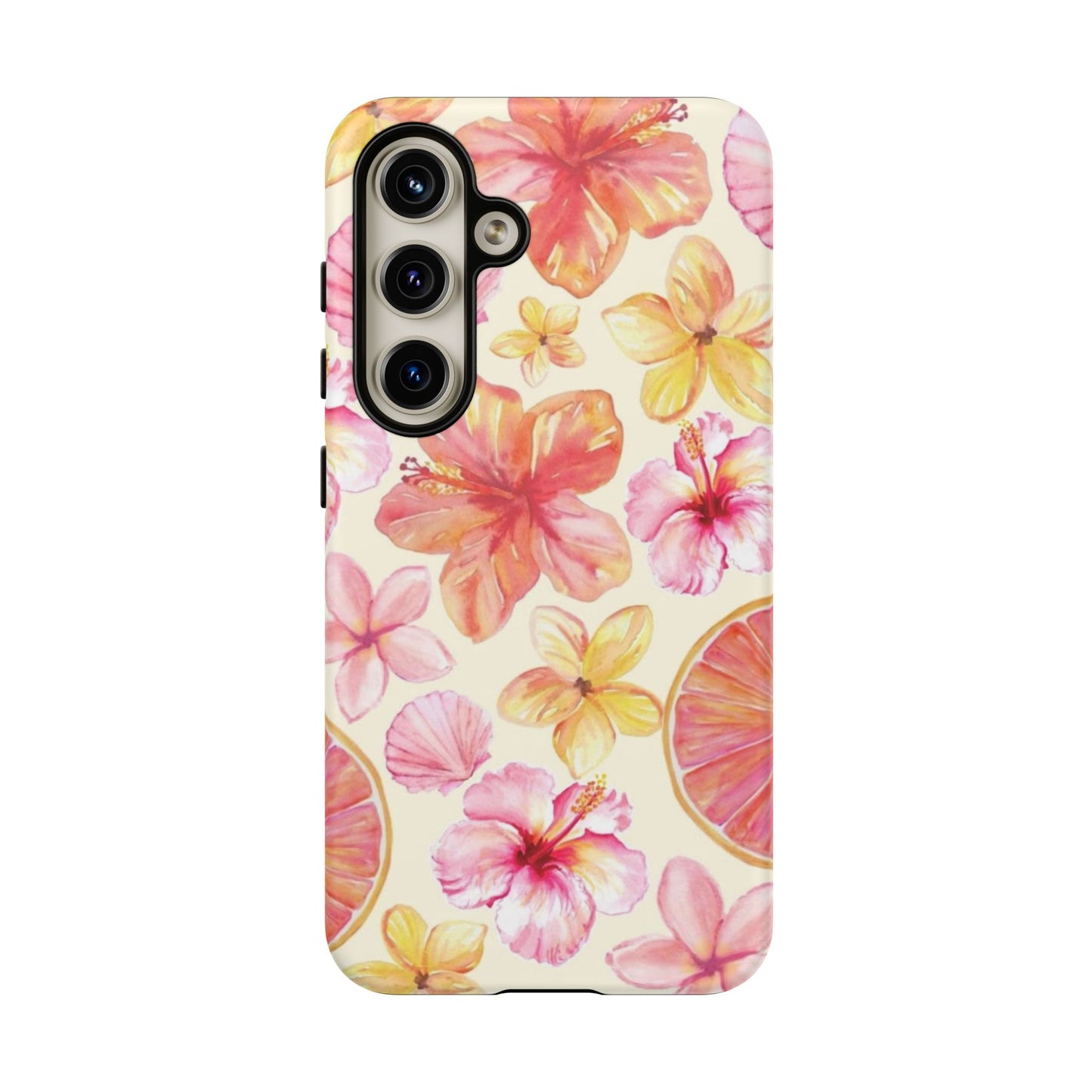 Tropical Hibiscus Tough Phone Case – Watercolor Floral & Citrus Protective Cover