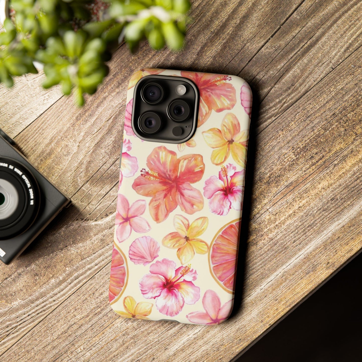 Tropical Hibiscus Tough Phone Case – Watercolor Floral & Citrus Protective Cover