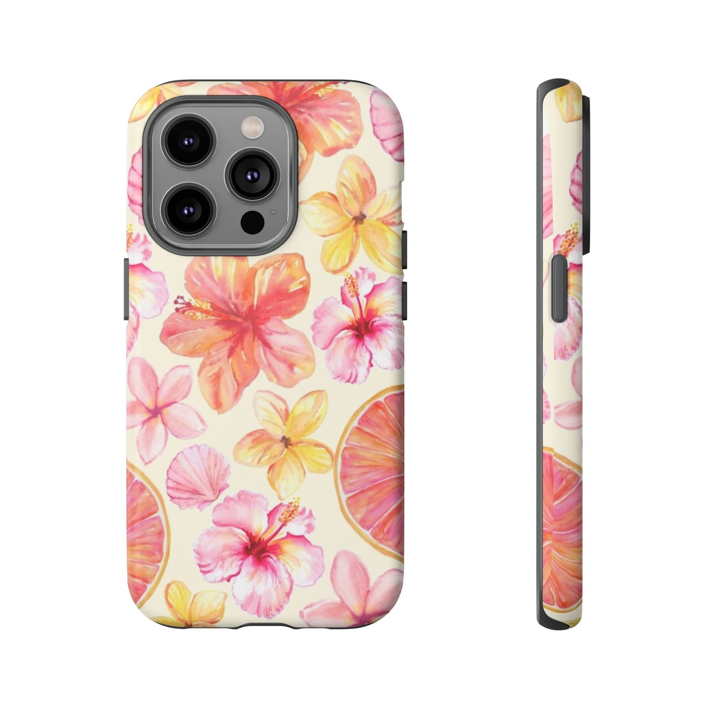 Tropical Hibiscus Tough Phone Case – Watercolor Floral & Citrus Protective Cover