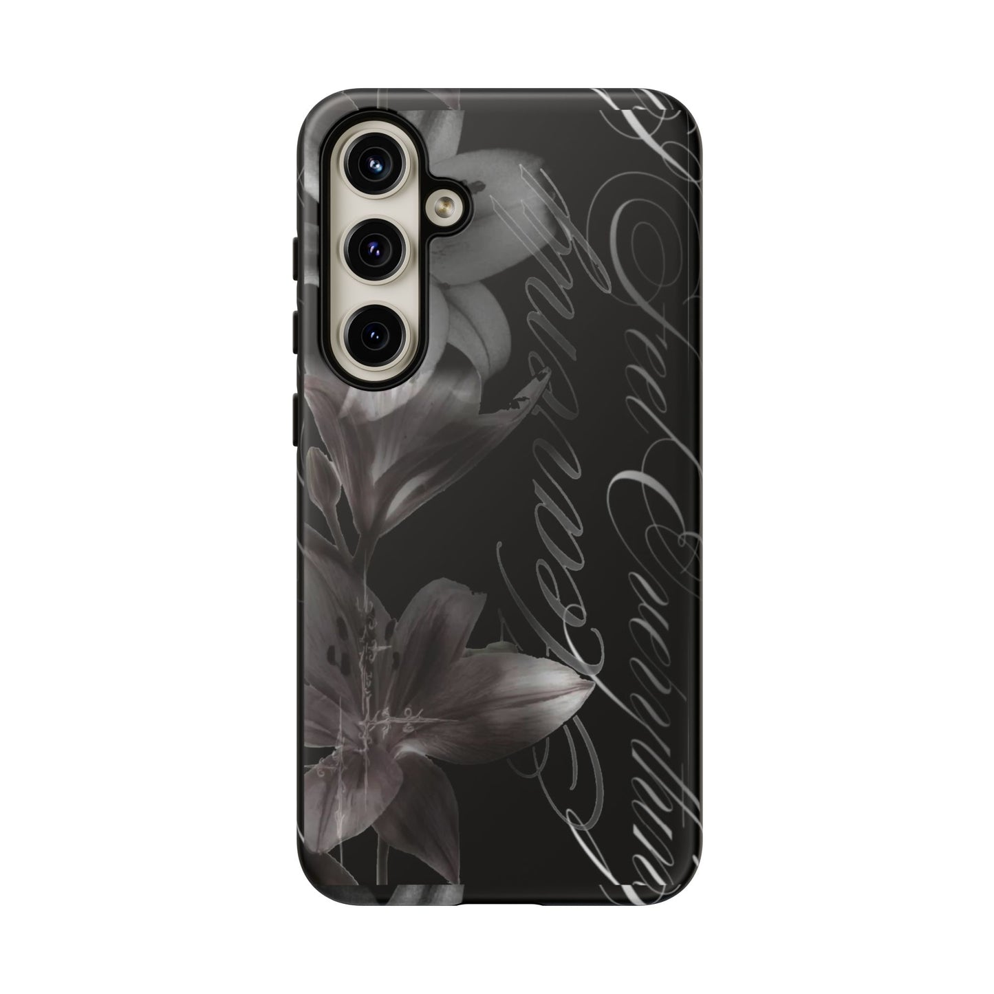 Floral Script Tough Phone Case – Black Lily Protective Cover