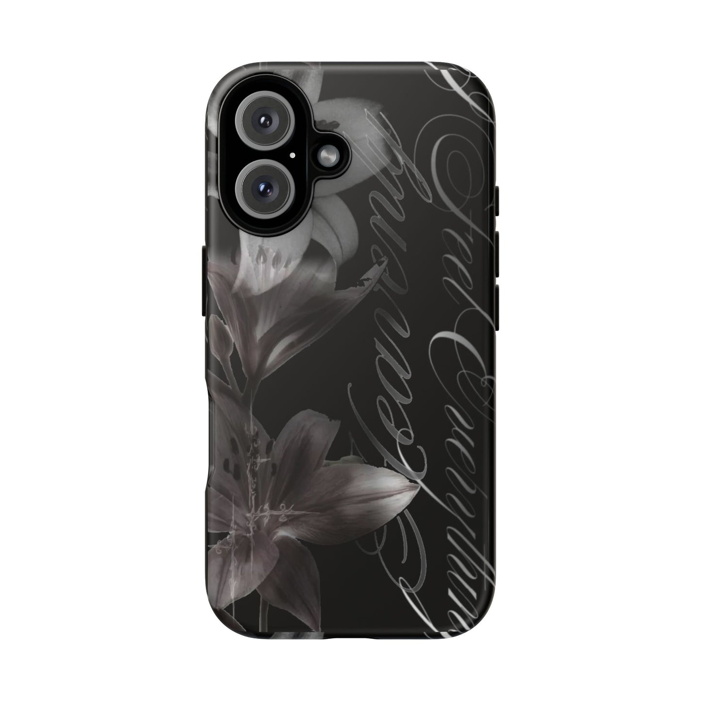 Floral Script Tough Phone Case – Black Lily Protective Cover