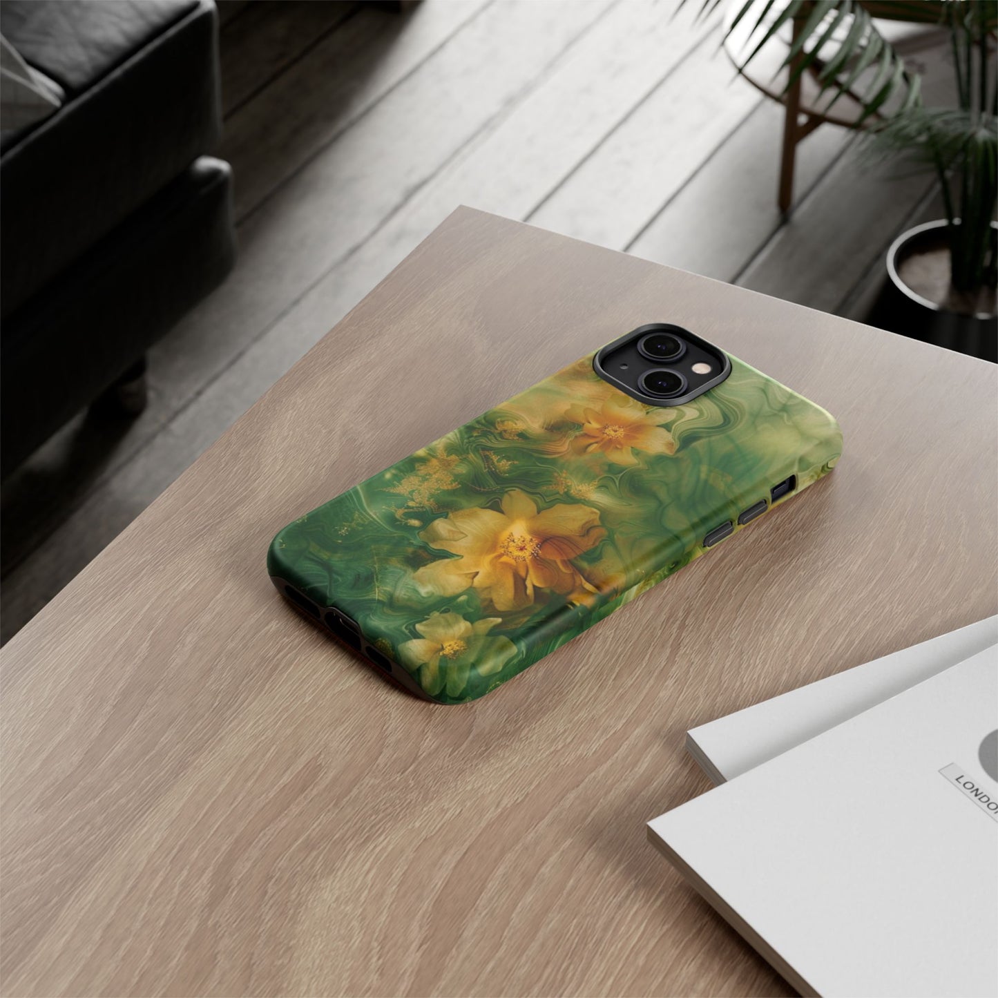Floral Swirl Phone Case — Green & Gold Vintage Flower Design