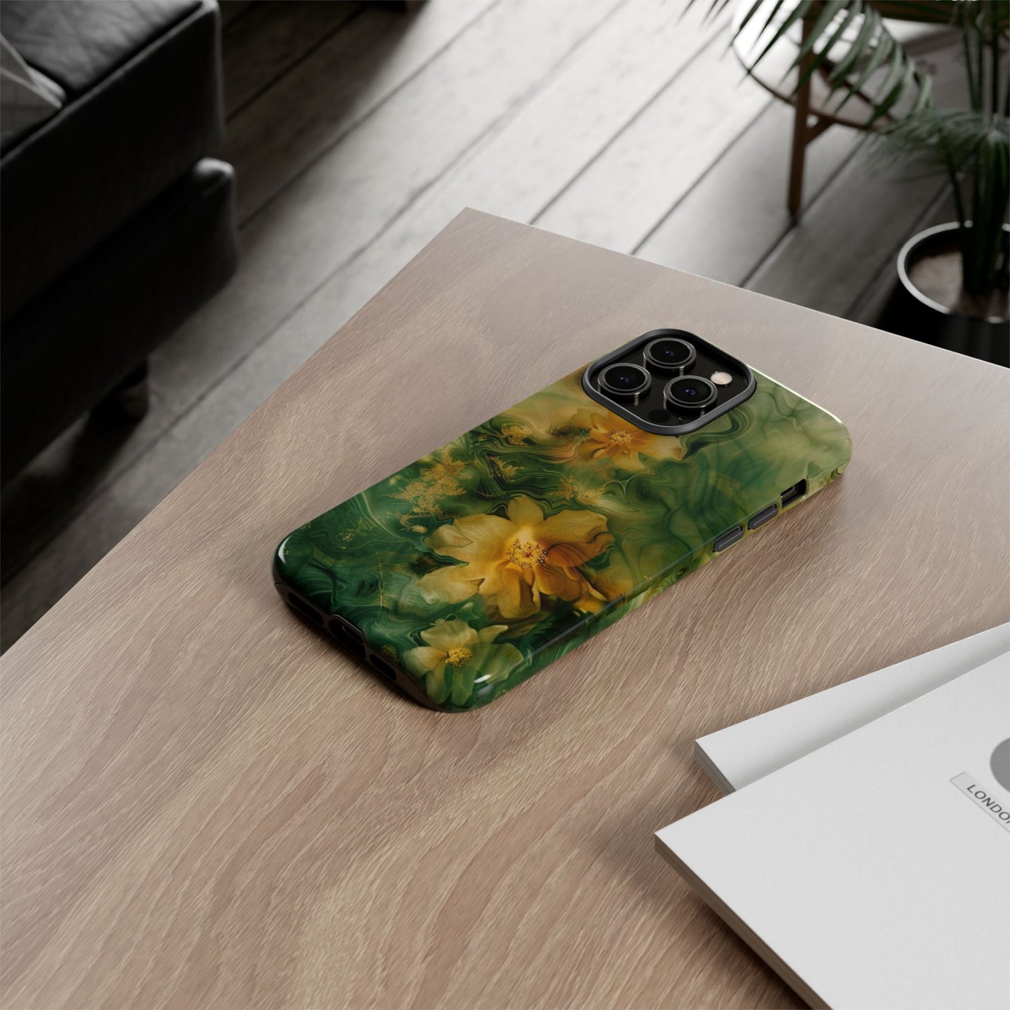 Floral Swirl Phone Case — Green & Gold Vintage Flower Design
