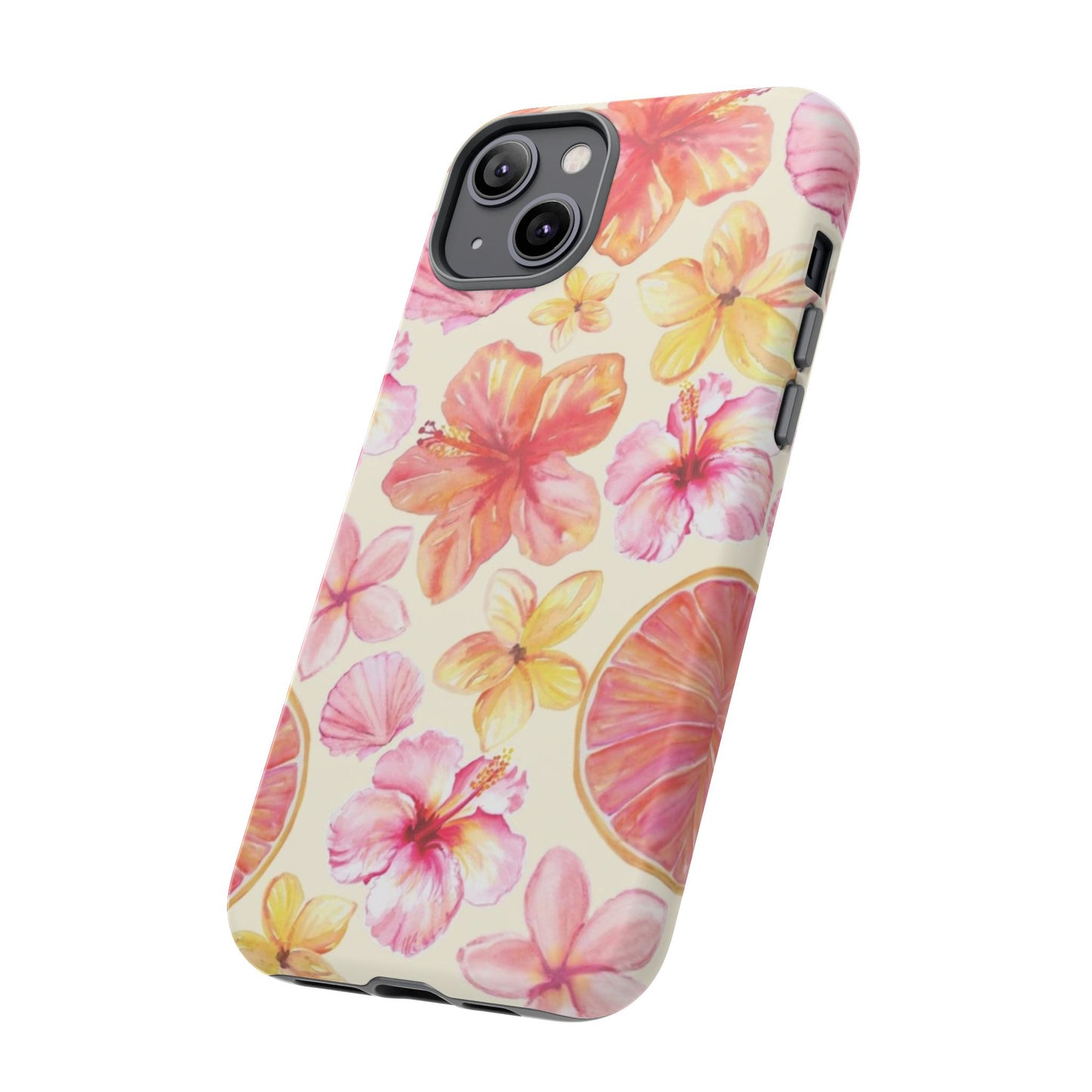 Tropical Hibiscus Tough Phone Case – Watercolor Floral & Citrus Protective Cover