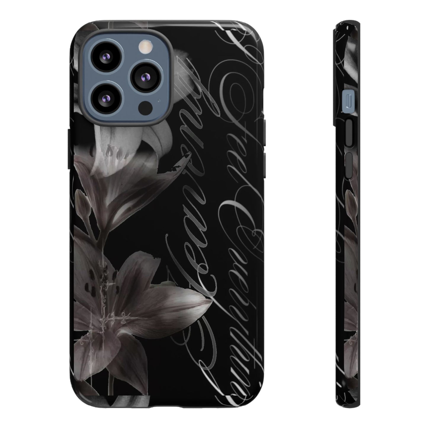 Floral Script Tough Phone Case – Black Lily Protective Cover
