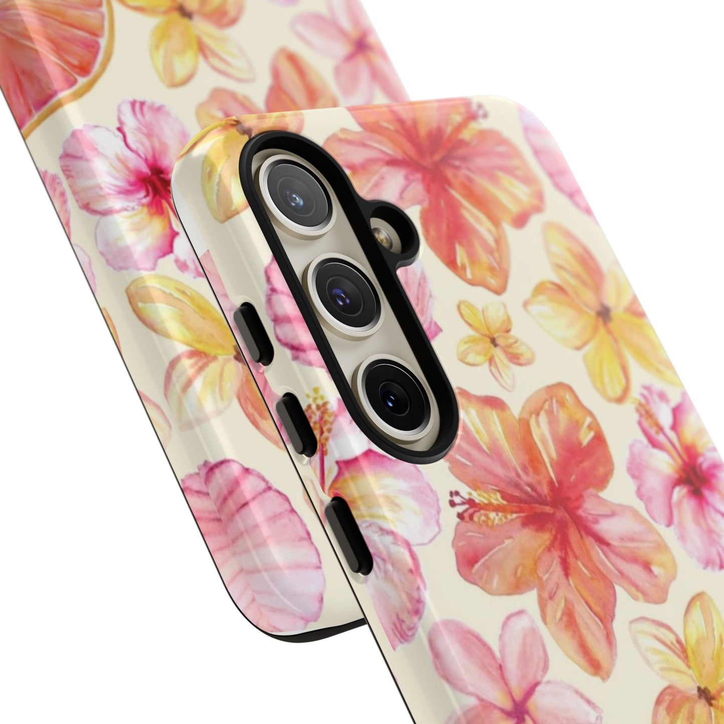 Tropical Hibiscus Tough Phone Case – Watercolor Floral & Citrus Protective Cover