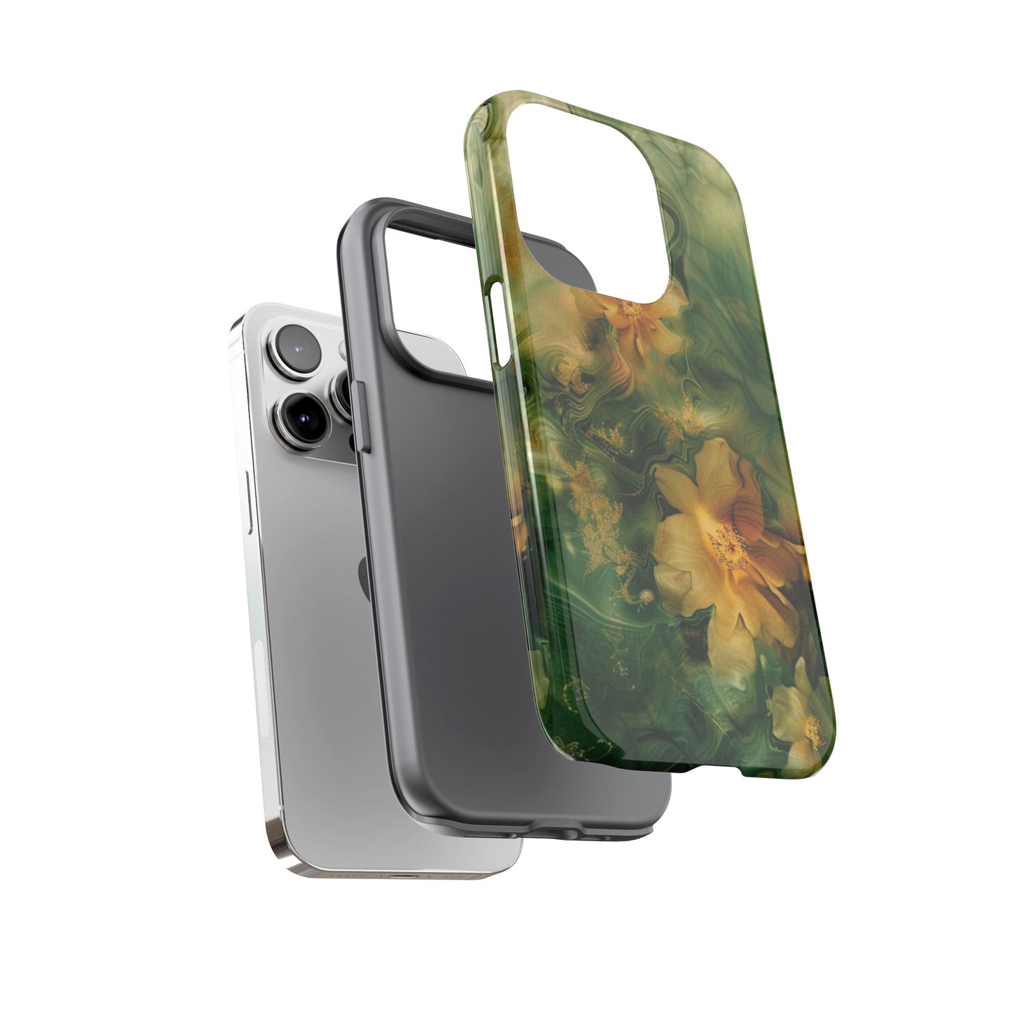 Floral Swirl Phone Case — Green & Gold Vintage Flower Design