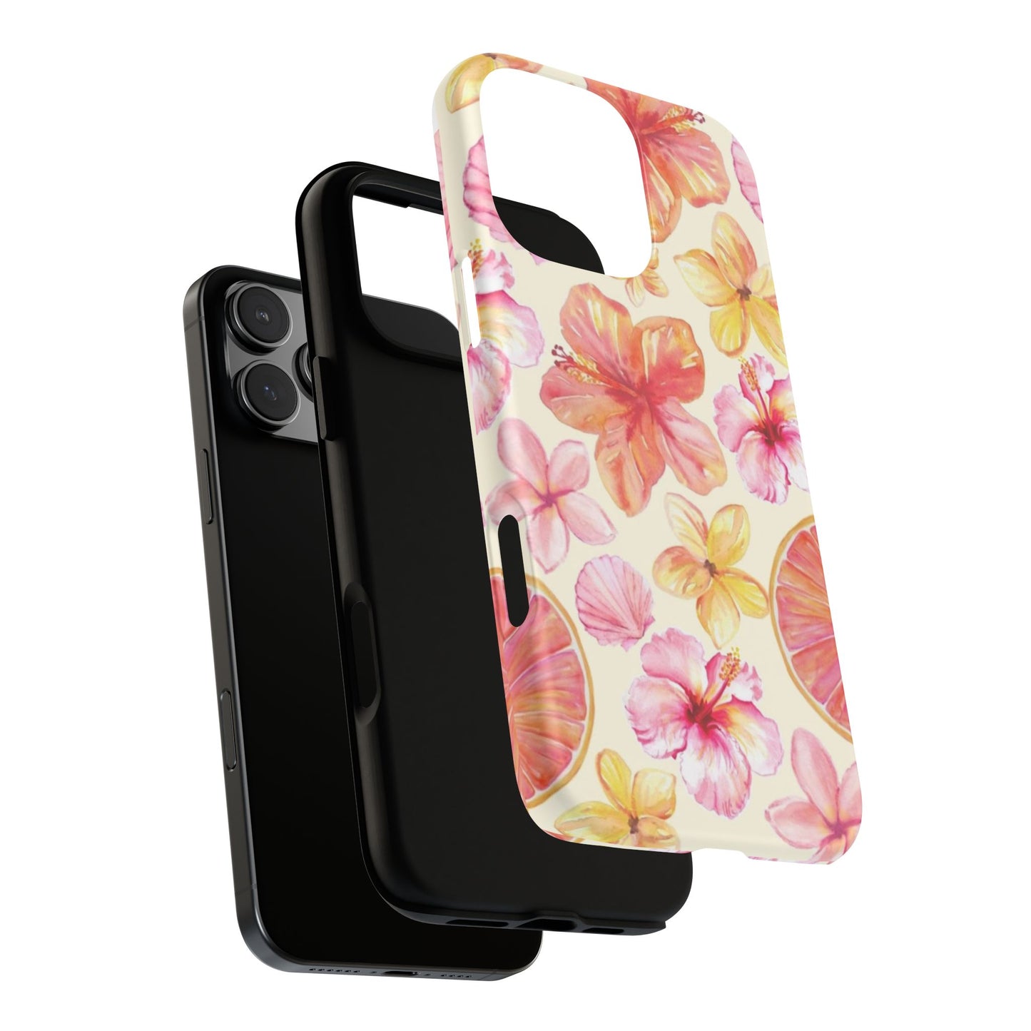 Tropical Hibiscus Tough Phone Case – Watercolor Floral & Citrus Protective Cover
