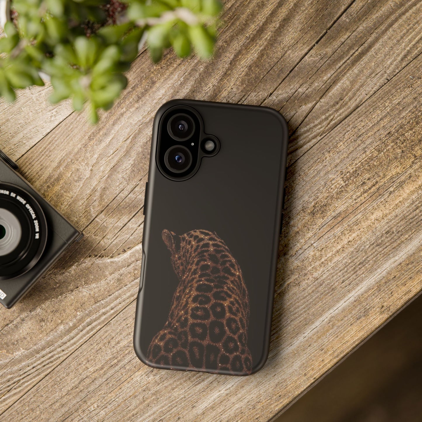 Leopard Print Tough Phone Case - Sleek Black Protective Cover