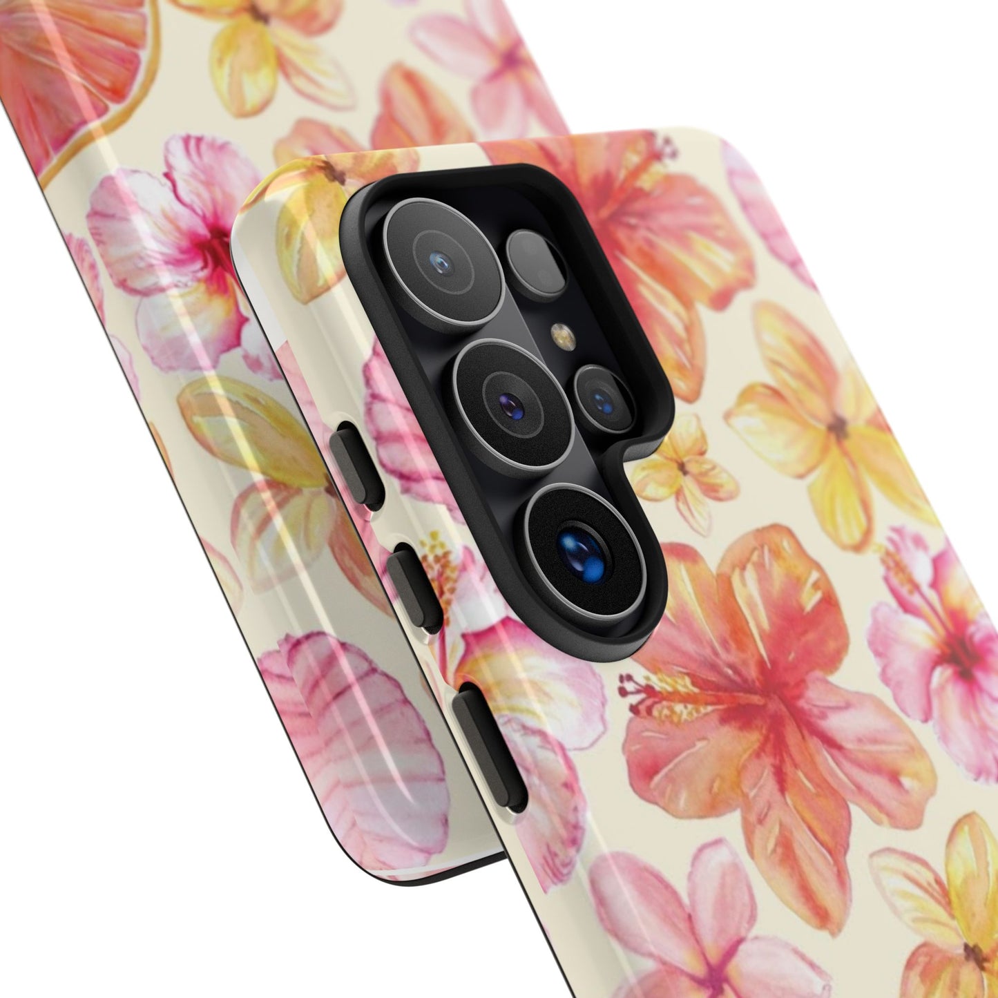 Tropical Hibiscus Tough Phone Case – Watercolor Floral & Citrus Protective Cover
