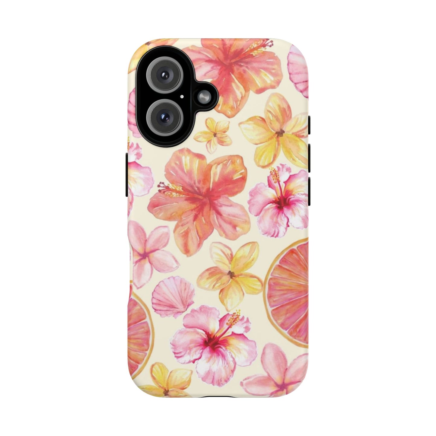 Tropical Hibiscus Tough Phone Case – Watercolor Floral & Citrus Protective Cover