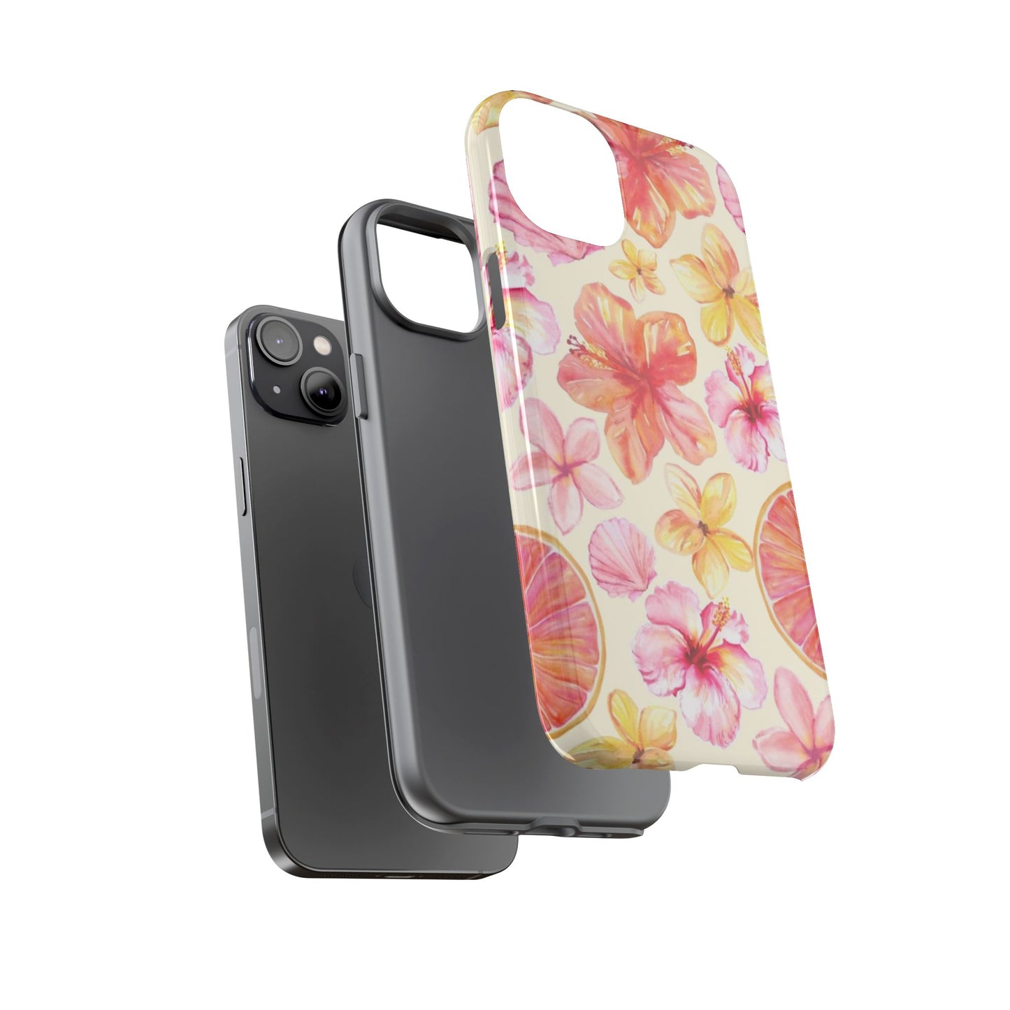 Tropical Hibiscus Tough Phone Case – Watercolor Floral & Citrus Protective Cover