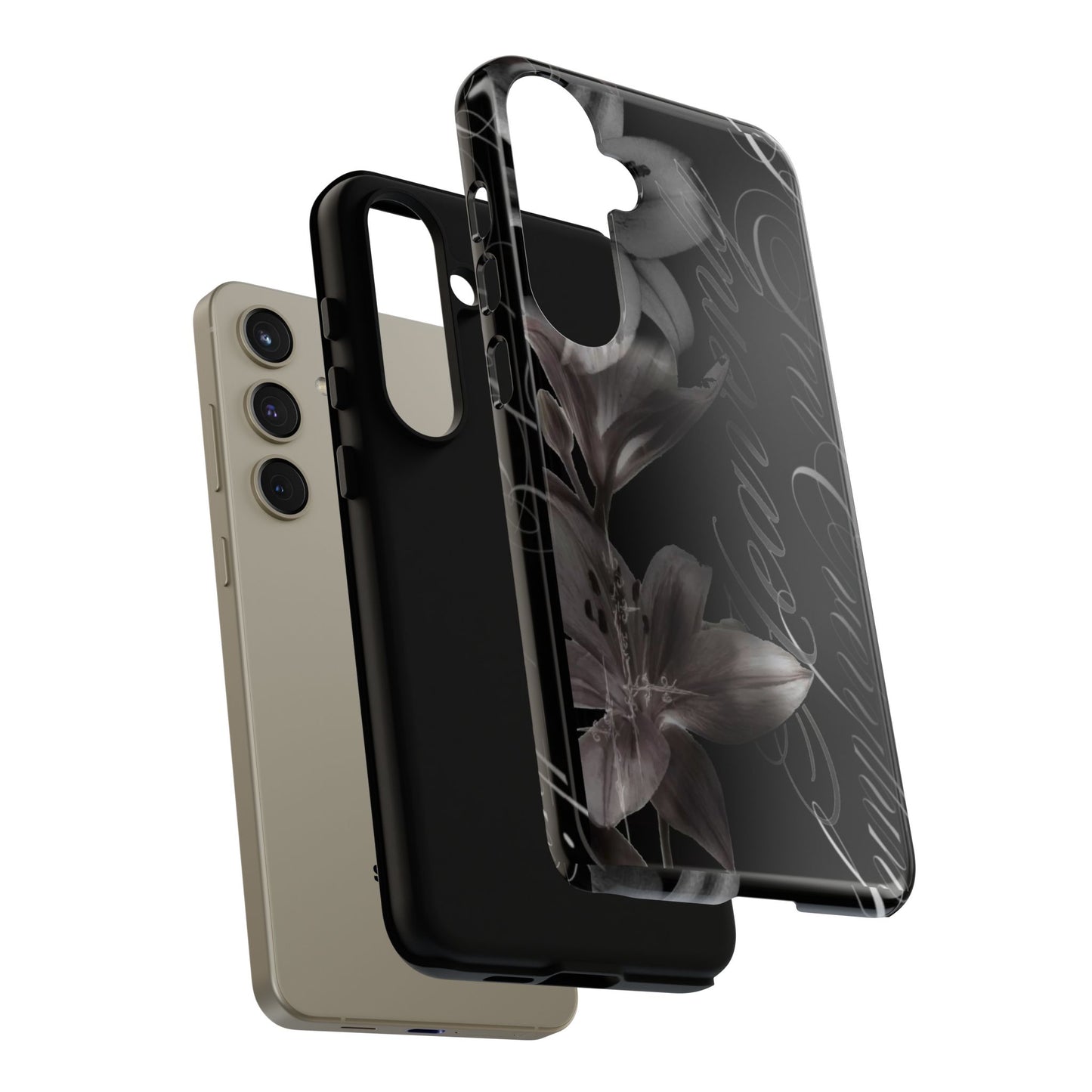 Floral Script Tough Phone Case – Black Lily Protective Cover