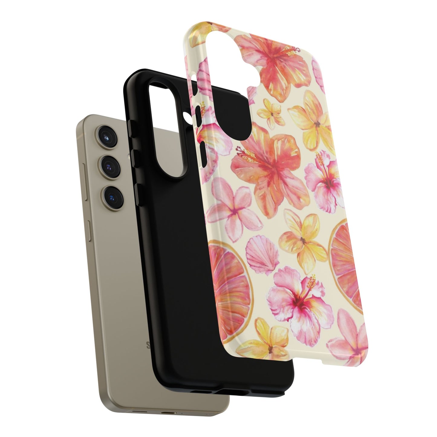 Tropical Hibiscus Tough Phone Case – Watercolor Floral & Citrus Protective Cover