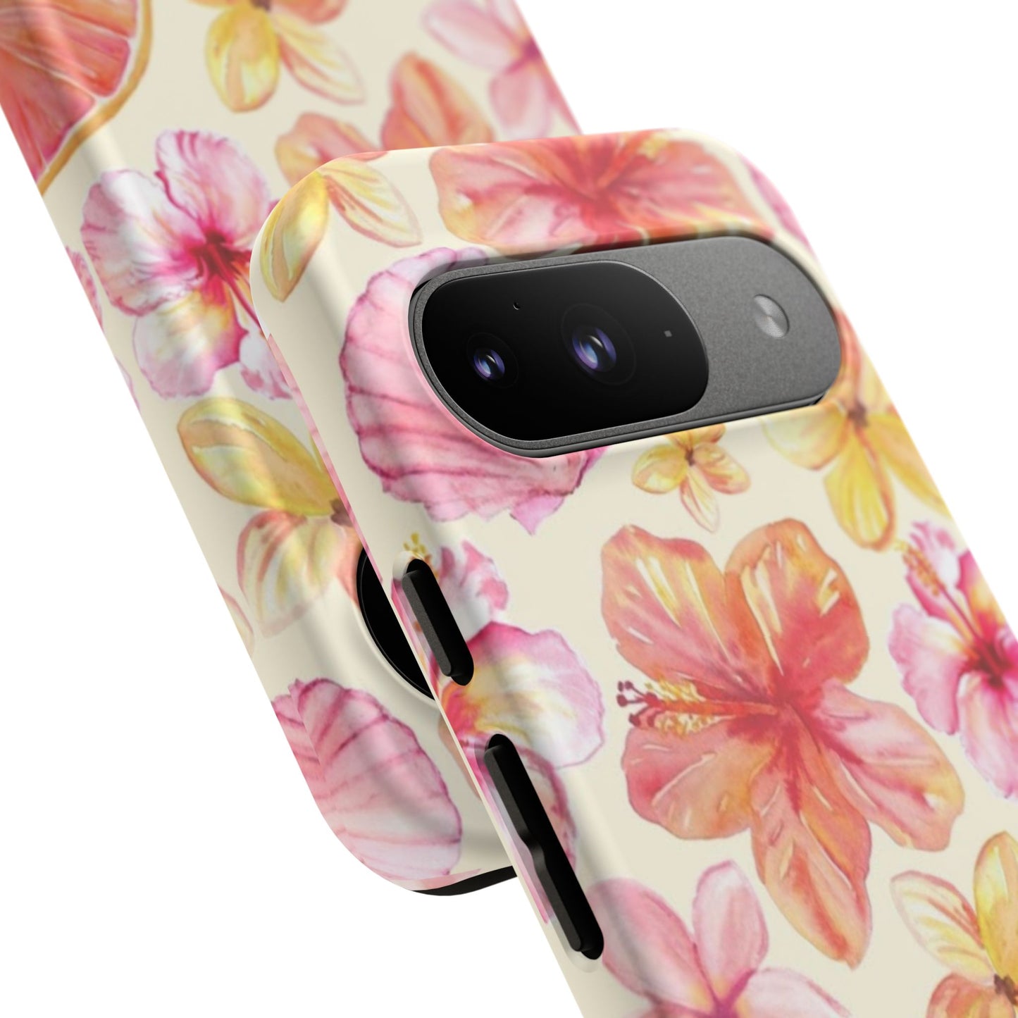 Tropical Hibiscus Tough Phone Case – Watercolor Floral & Citrus Protective Cover