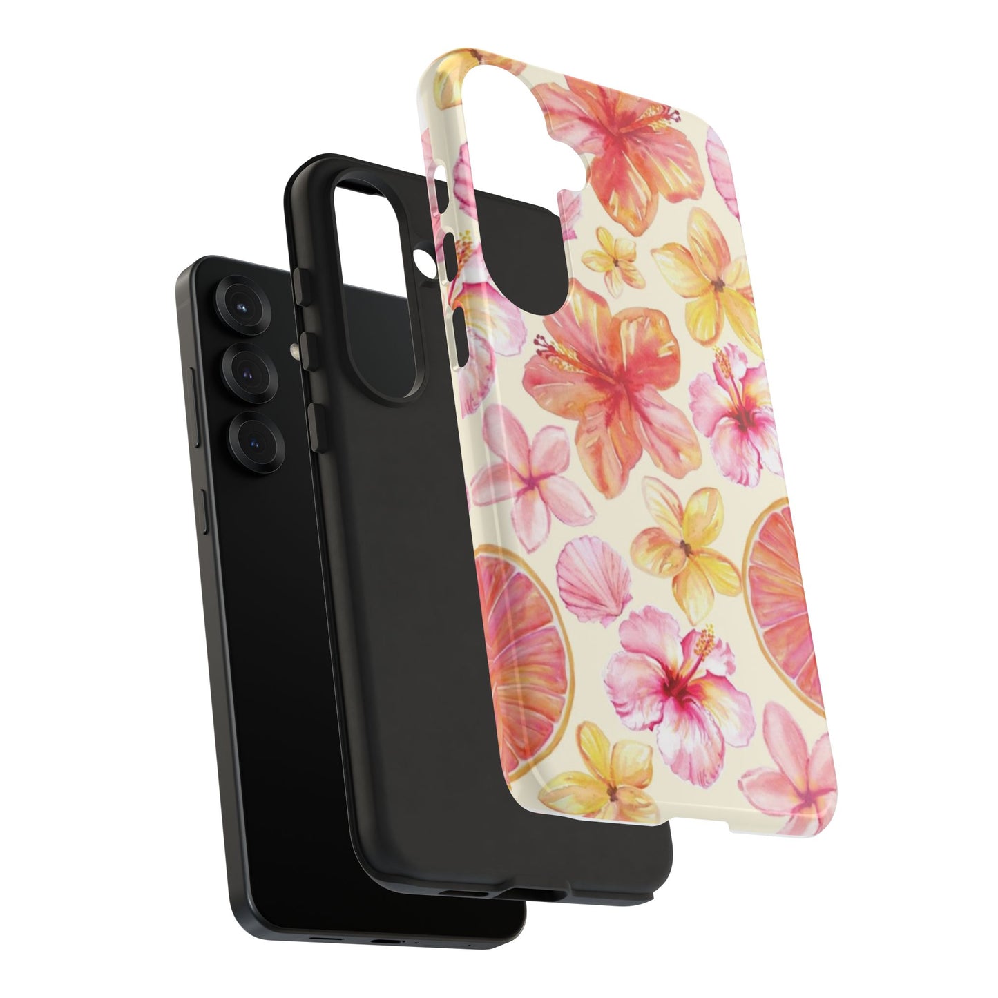 Tropical Hibiscus Tough Phone Case – Watercolor Floral & Citrus Protective Cover