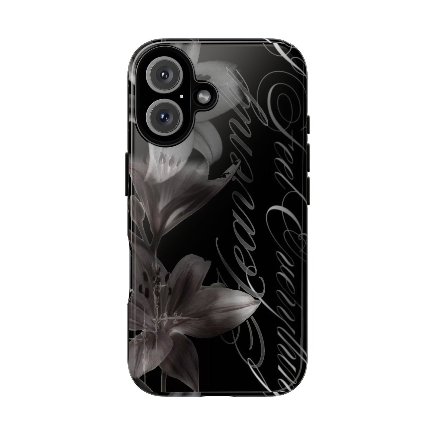 Floral Script Tough Phone Case – Black Lily Protective Cover
