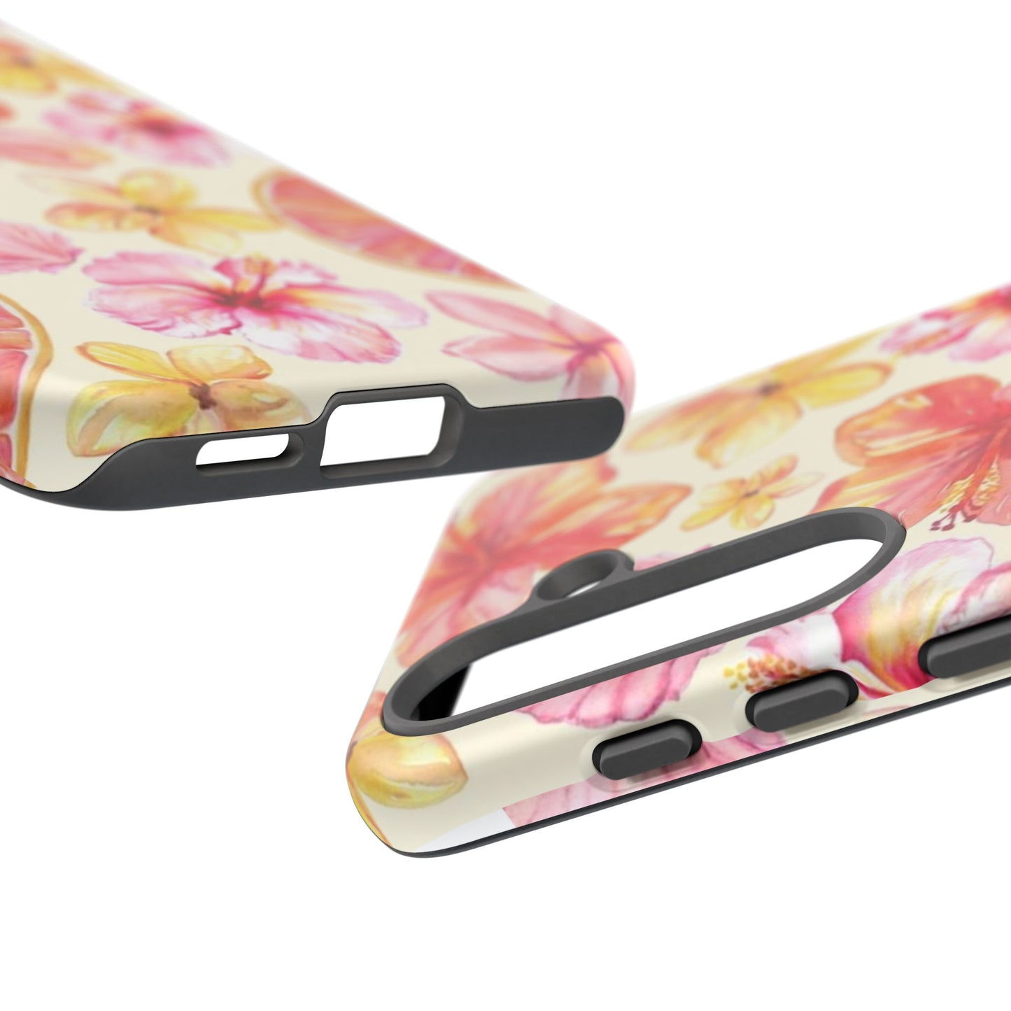 Tropical Hibiscus Tough Phone Case – Watercolor Floral & Citrus Protective Cover