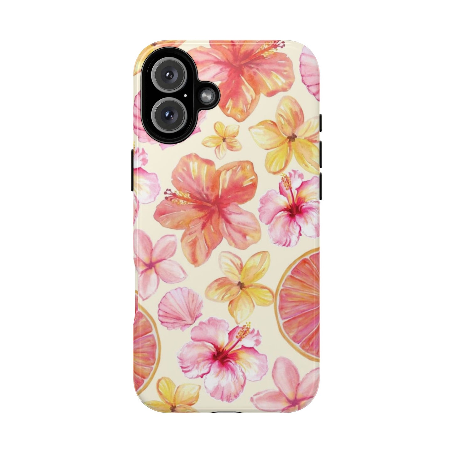 Tropical Hibiscus Tough Phone Case – Watercolor Floral & Citrus Protective Cover