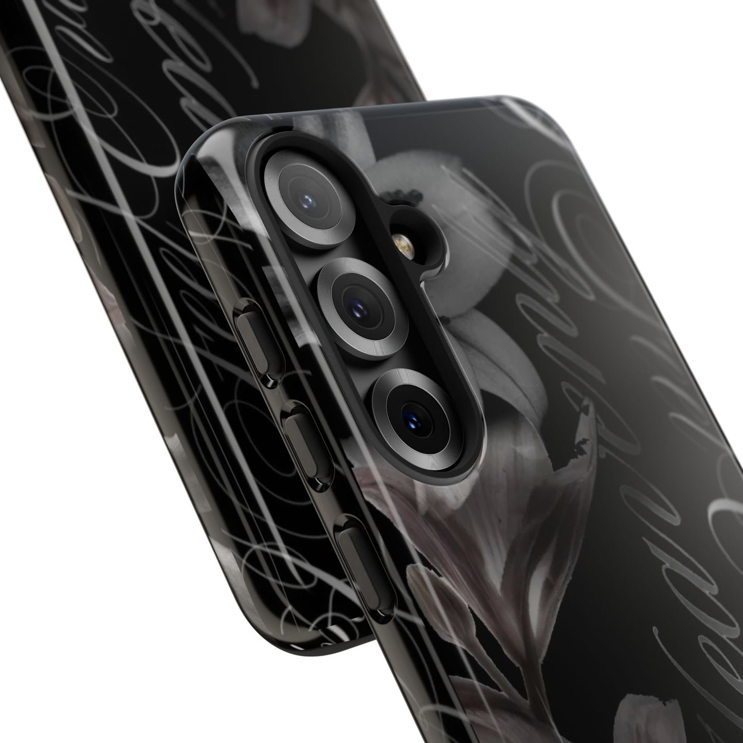 Floral Script Tough Phone Case – Black Lily Protective Cover