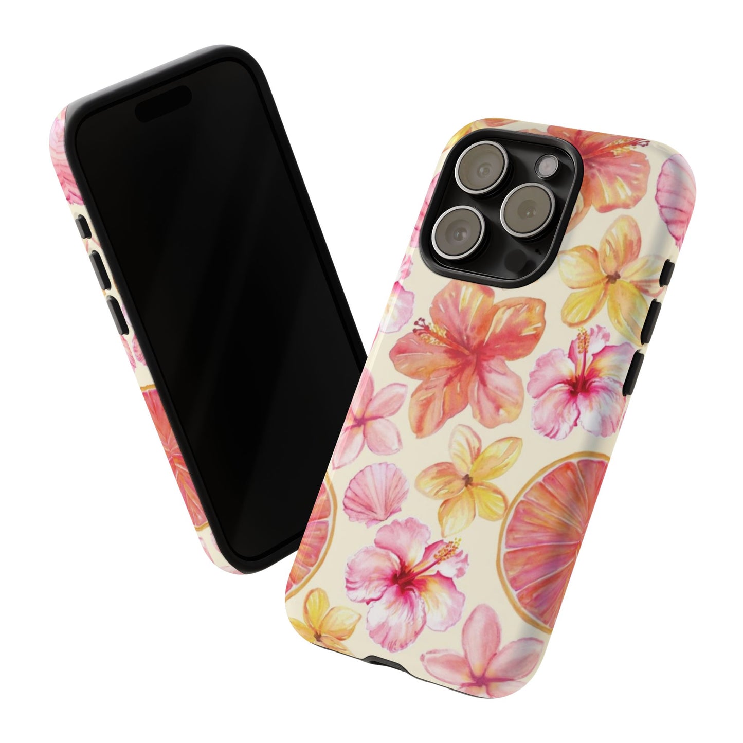 Tropical Hibiscus Tough Phone Case – Watercolor Floral & Citrus Protective Cover